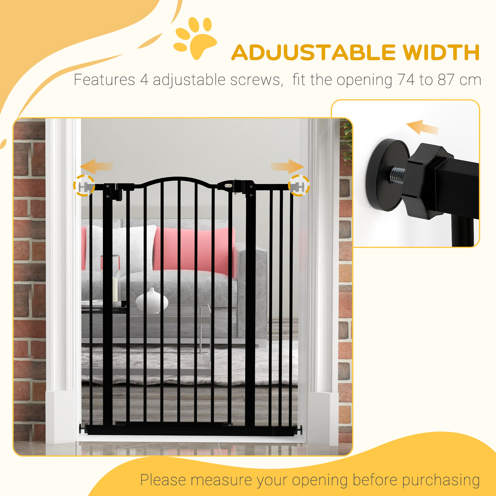 PawHut Safety Pet Gate, Metal Dog Fence, Adjustable 74-87cm, Foldable Design, Sleek Black