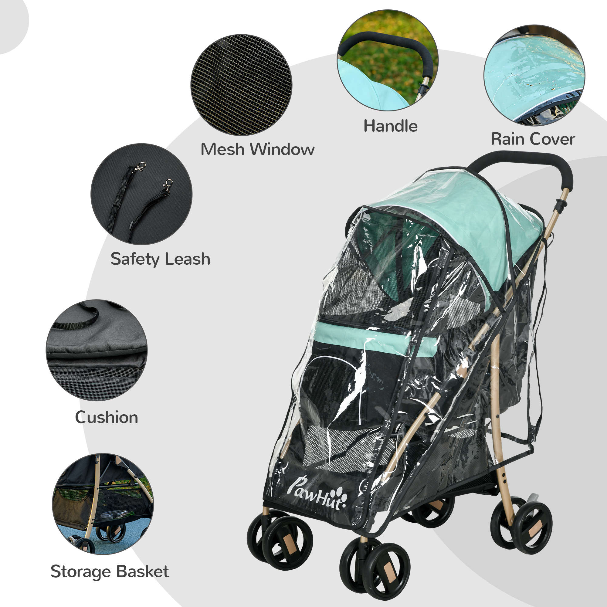 PawHut Pet Stroller for Small Dogs, Durable Oxford Fabric, with Rain Cover, Lightweight & Portable, Vibrant Green