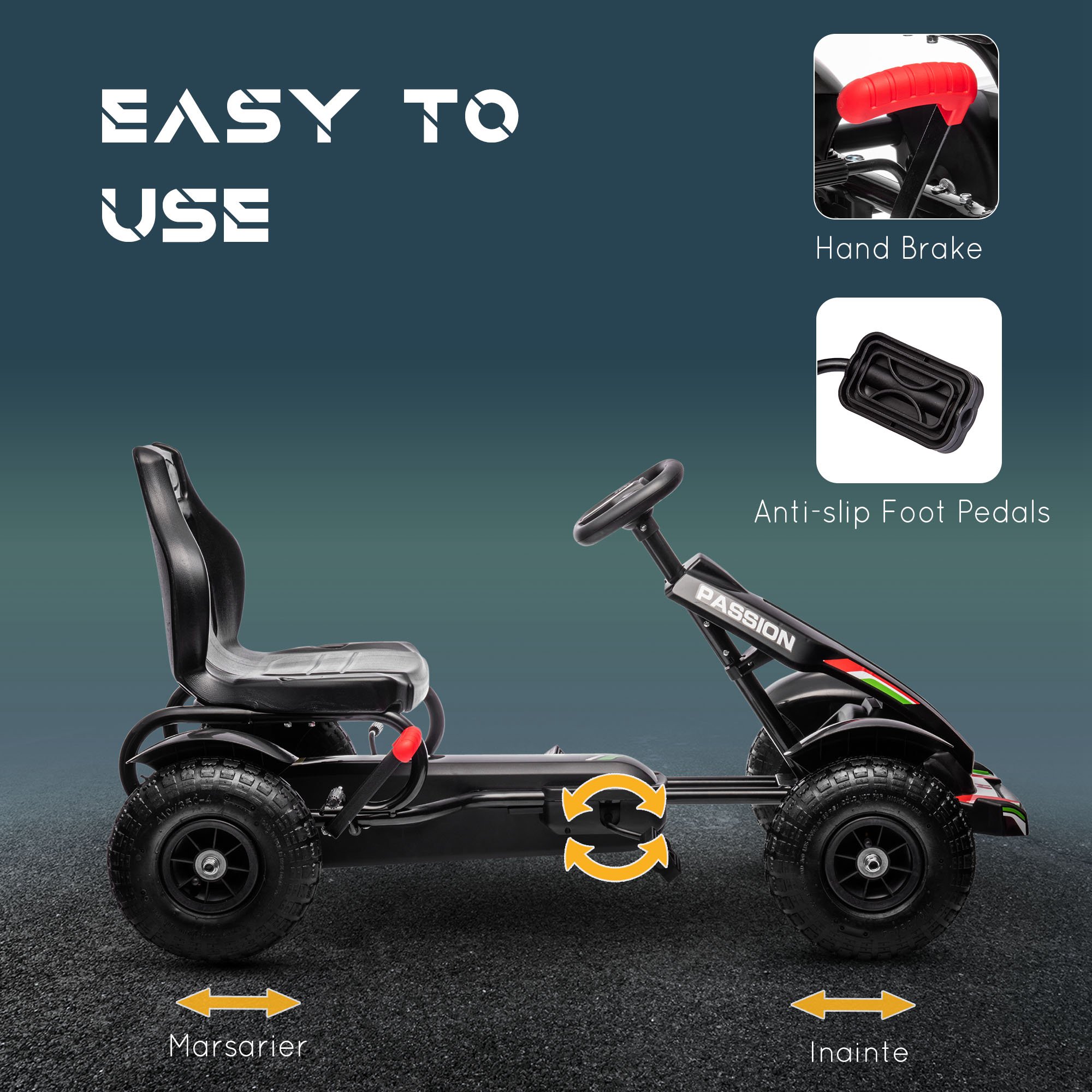 HOMCOM Kids Pedal Go Kart, Metal Frame with Adjustable Seat, Inflatable Tyres for Outdoor Fun, Black