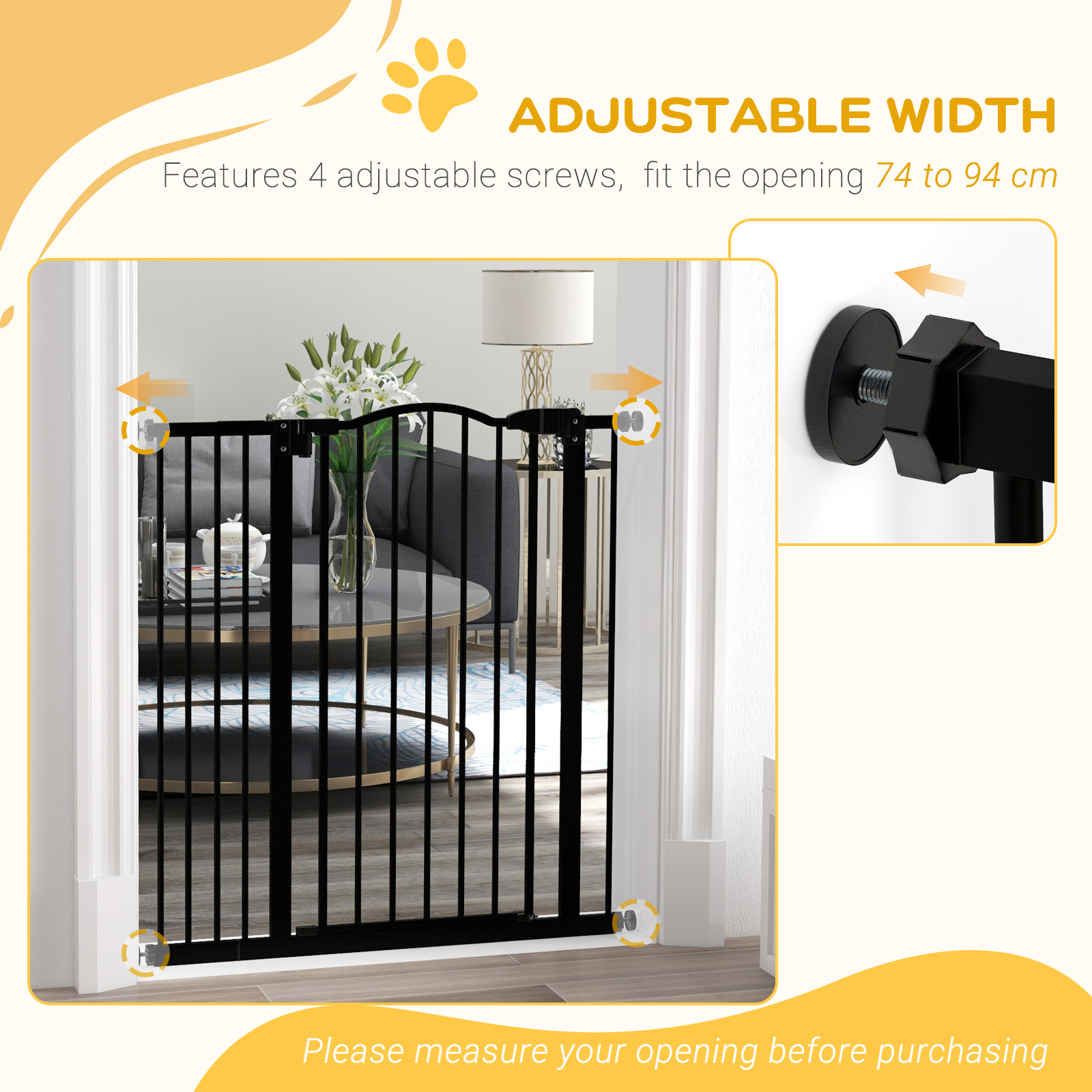 PawHut Adjustable Safety Barrier, Metal Pet Gate with Auto-Lock & No-Drill Installation, for Doorways & Stairways, 74-94cm, Black