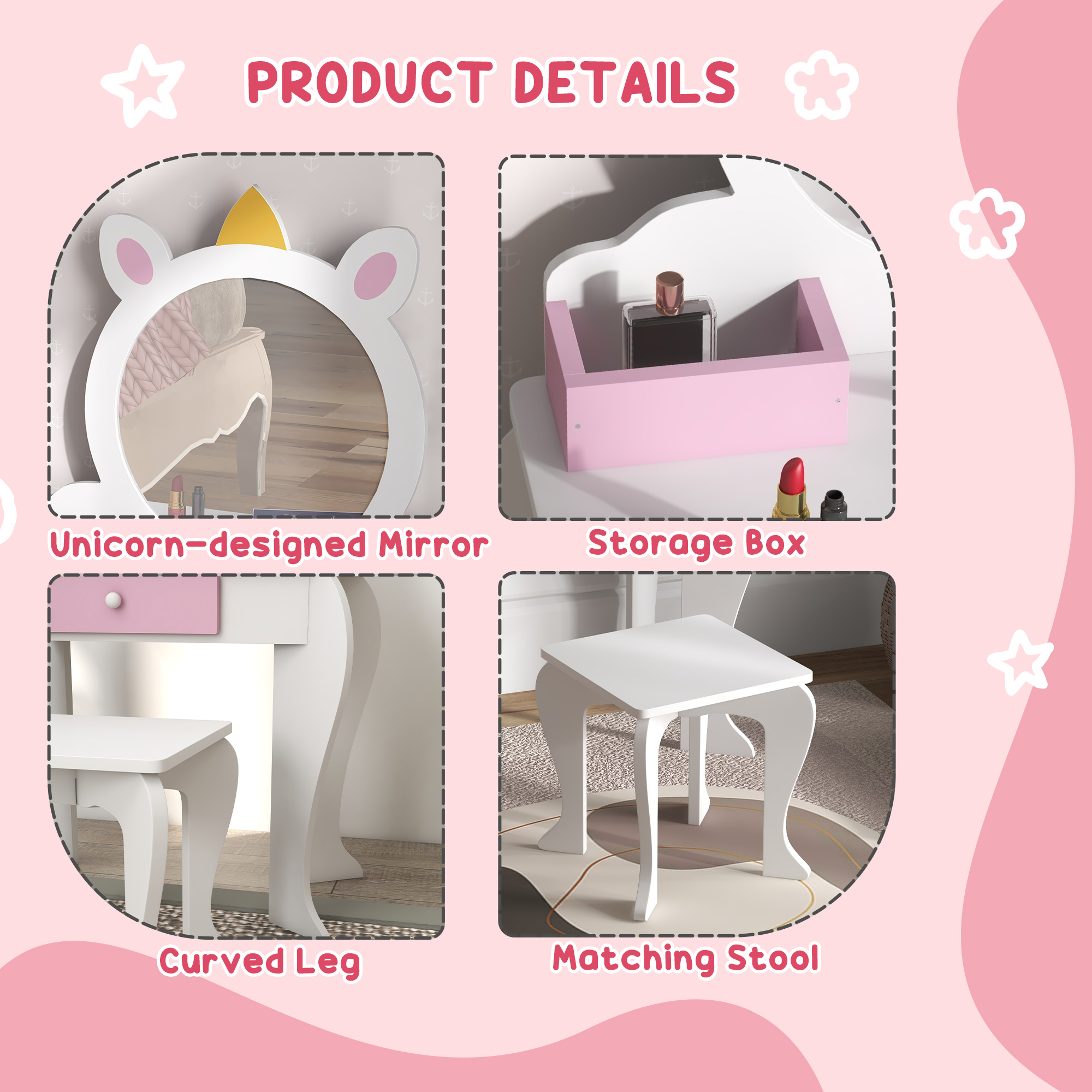 ZONEKIZ Kids Dressing Table, Unicorn Design with Mirror & Stool, Creative Play, White
