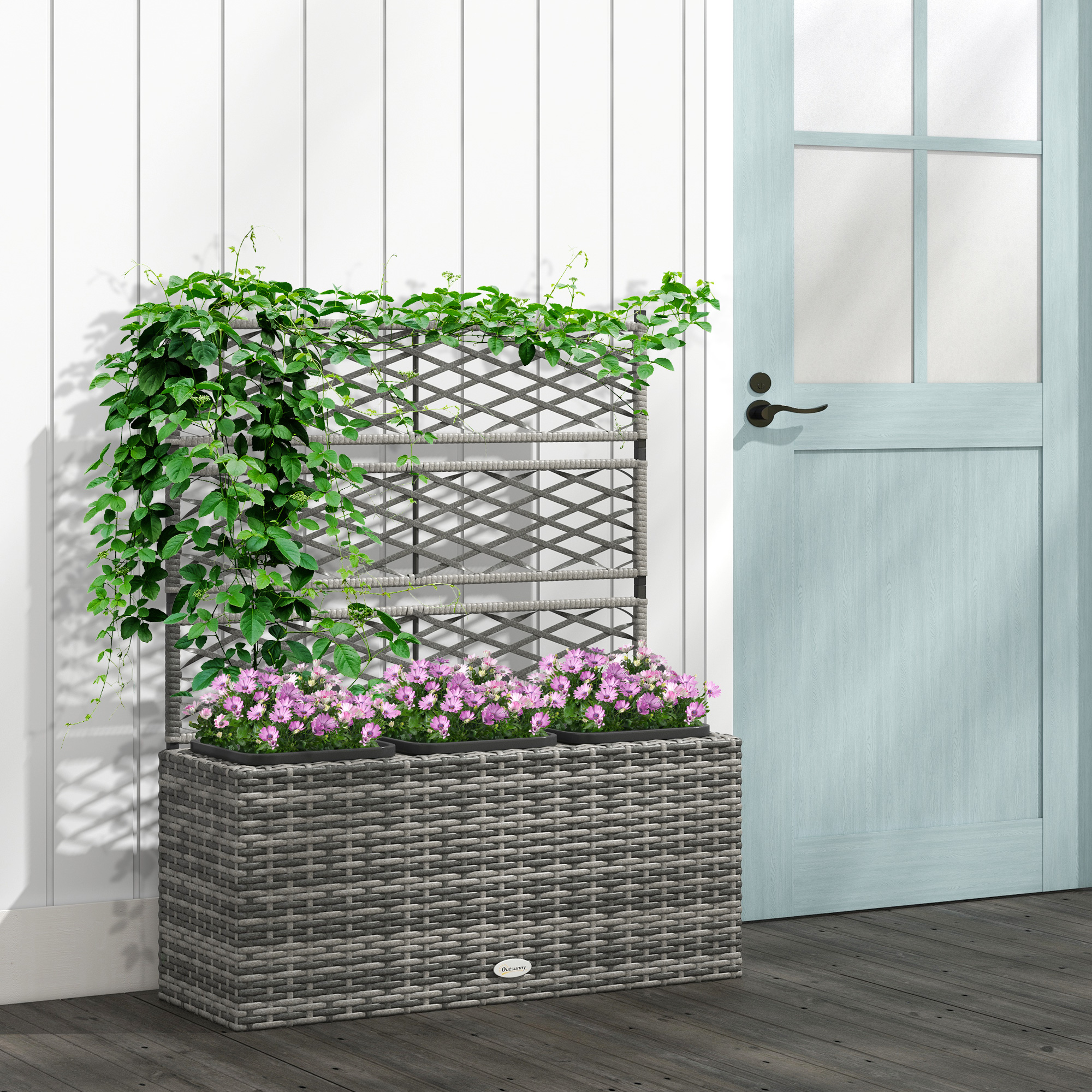 Outsunny Rattan Garden Planter with Trellis, 33L Free Standing Flower Bed for Climbing Plants, 84 x 30 x 107cm, Light Grey