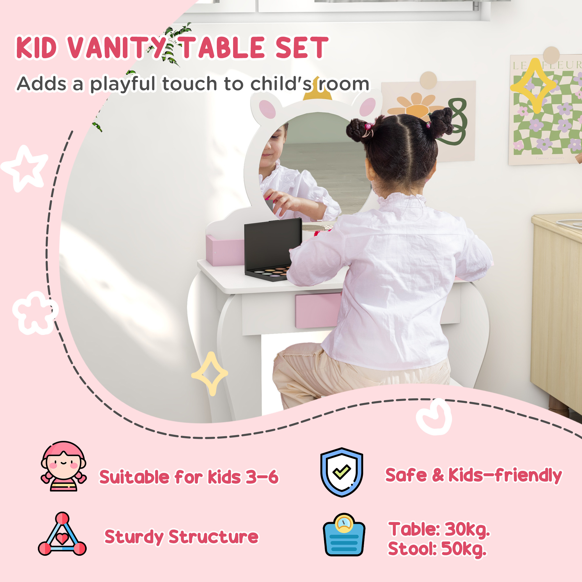 ZONEKIZ Kids Dressing Table, Unicorn Design with Mirror & Stool, Creative Play, White