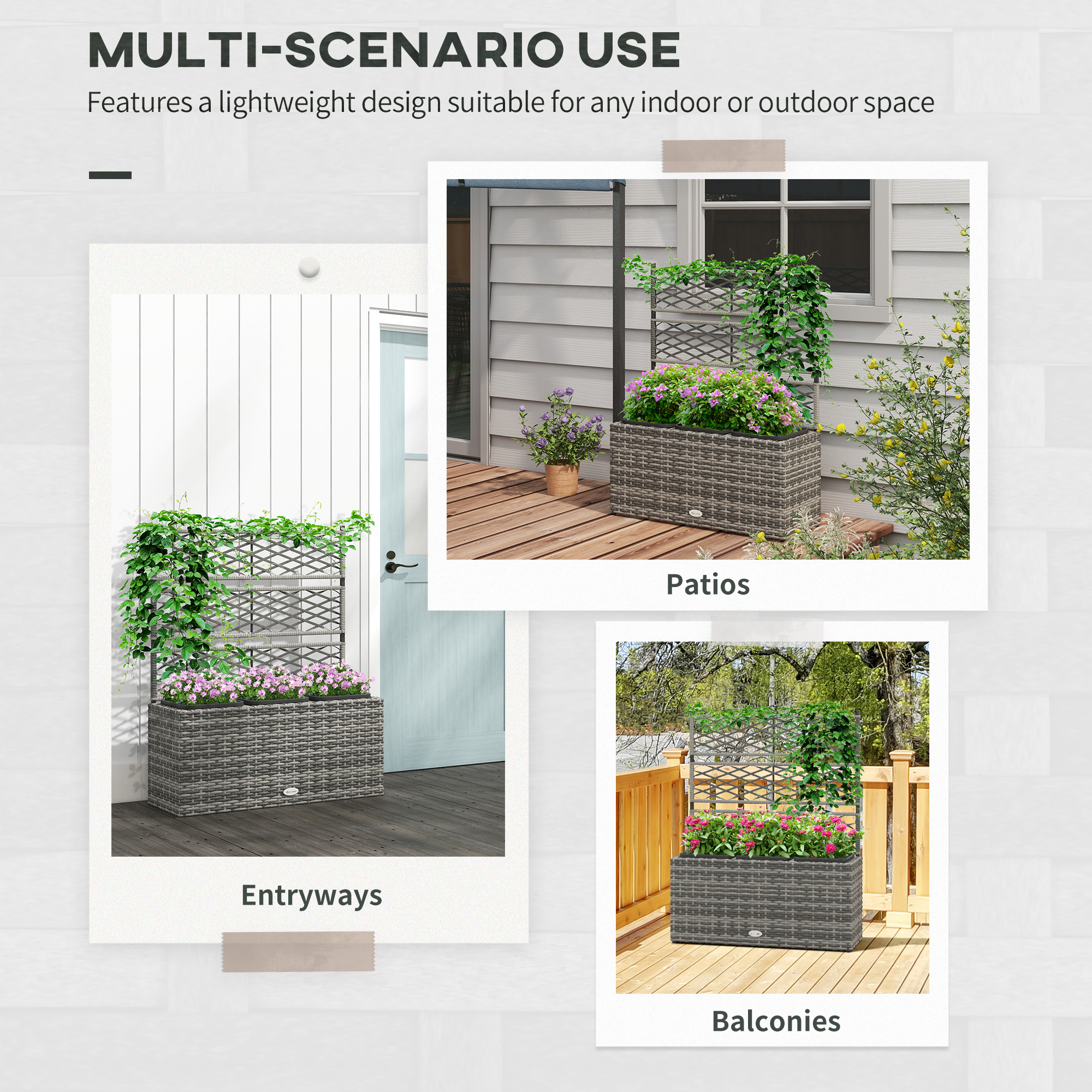 Outsunny Rattan Garden Planter with Trellis, 33L Free Standing Flower Bed for Climbing Plants, 84 x 30 x 107cm, Light Grey