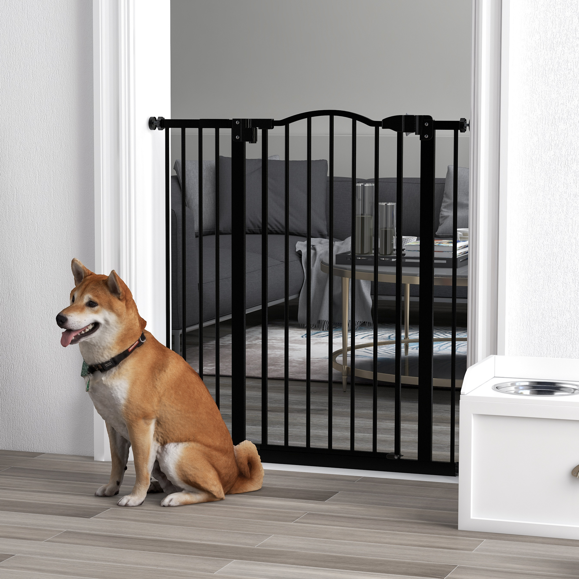 PawHut Adjustable Safety Barrier, Metal Pet Gate with Auto-Lock & No-Drill Installation, for Doorways & Stairways, 74-94cm, Black