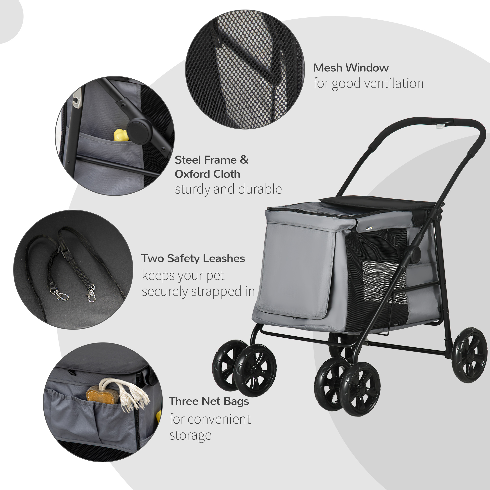 PawHutÂ Foldable PetÂ StrollerÂ One Click Dog Pushchair Cat Travel Carriage w/ EVA Wheels, Mesh Windows for Small Pets, Grey