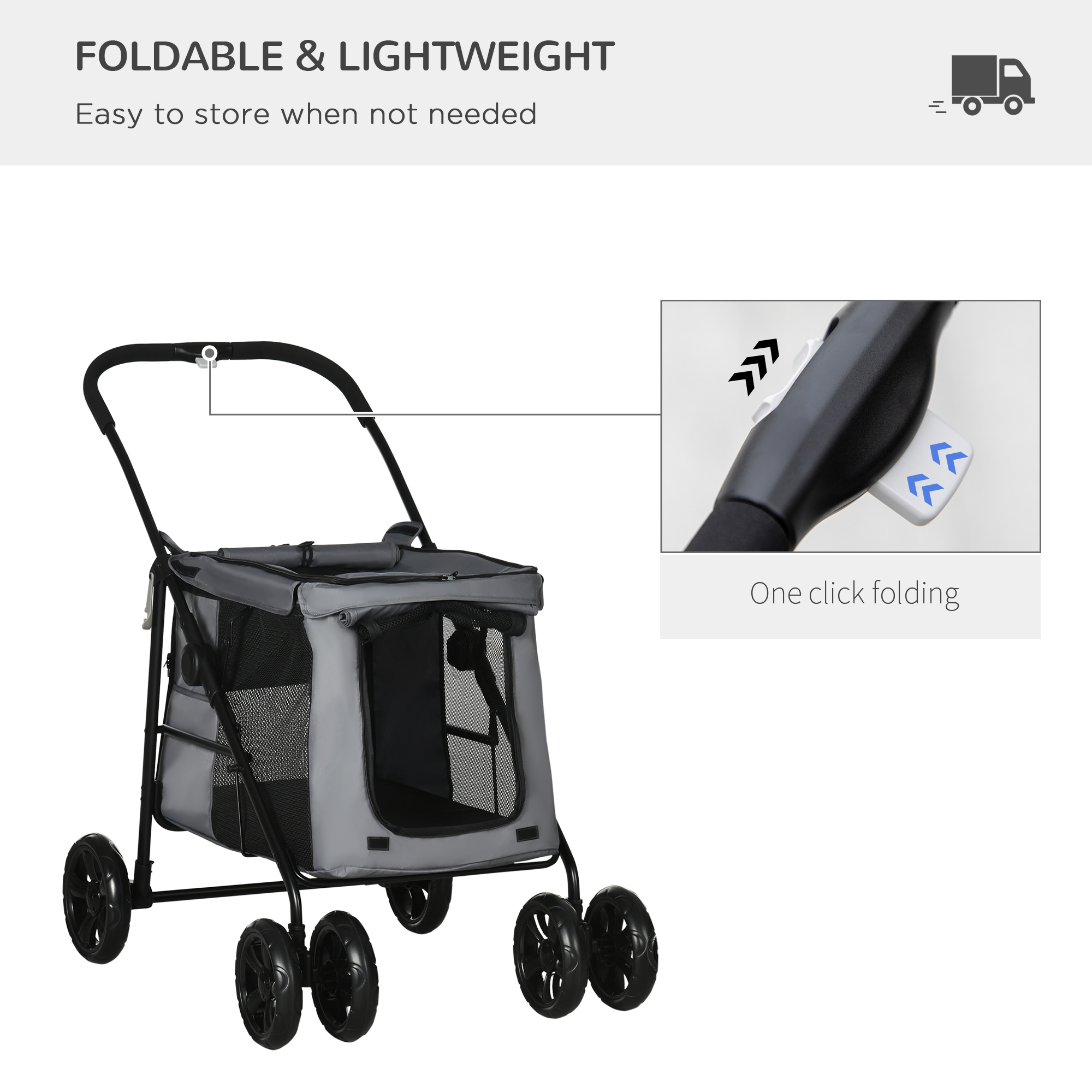 PawHutÂ Foldable PetÂ StrollerÂ One Click Dog Pushchair Cat Travel Carriage w/ EVA Wheels, Mesh Windows for Small Pets, Grey