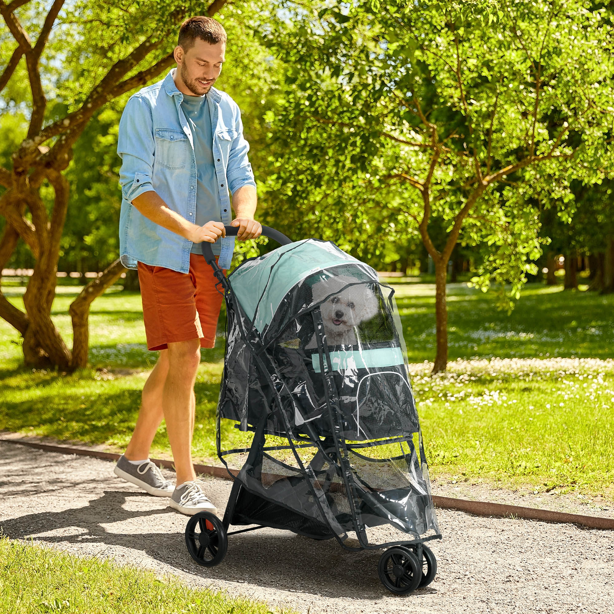 PawHut Lightweight Foldable Pet Stroller with Protective Rain Cover for Extra Small and Small Dogs, Vibrant Green