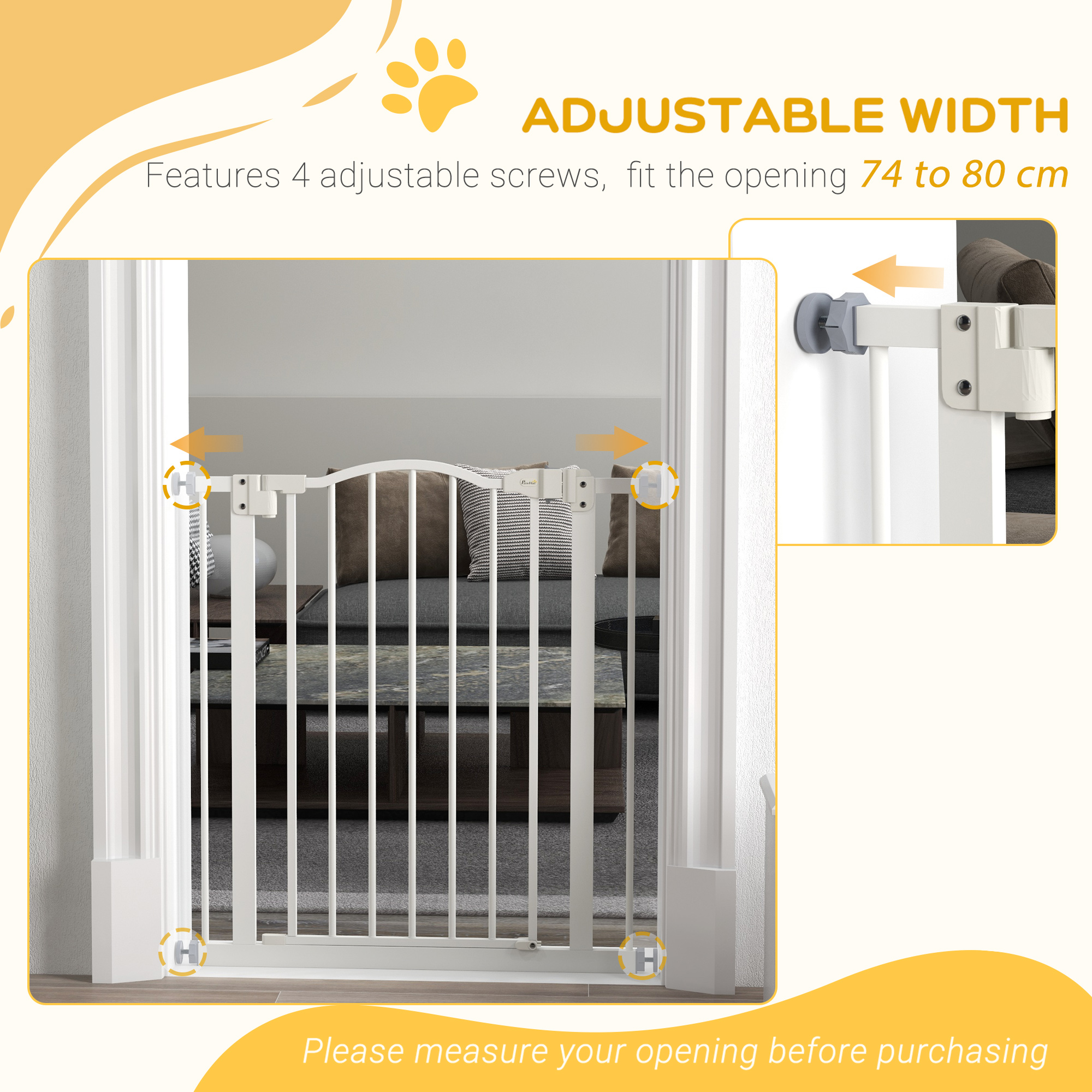 PawHut Adjustable Metal Pet Gate, Safety Barrier with Auto-Close Door, for Dogs and Cats, White