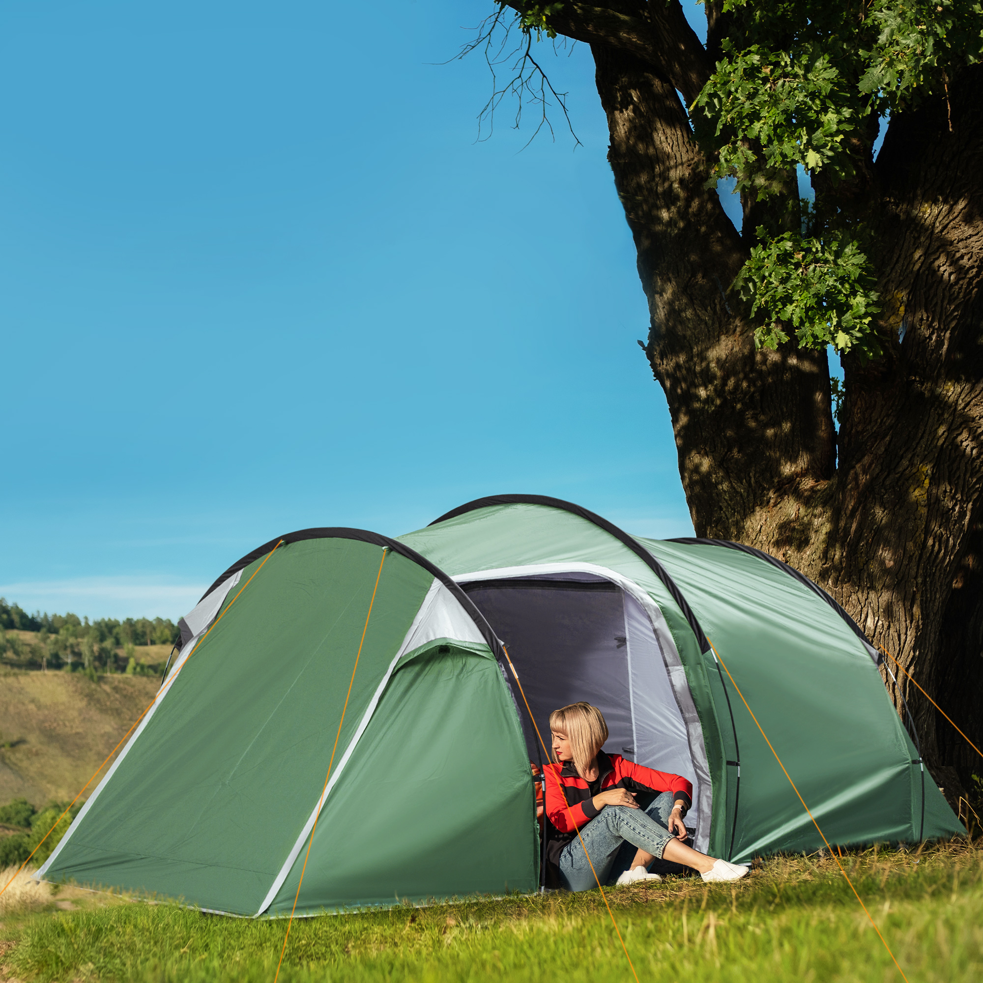 Outsunny Tunnel Tent, 2-3 Person Camping Tent with Sewn-in Groundsheet, Air Vents, Rainfly, 2000mm Water Column, Green