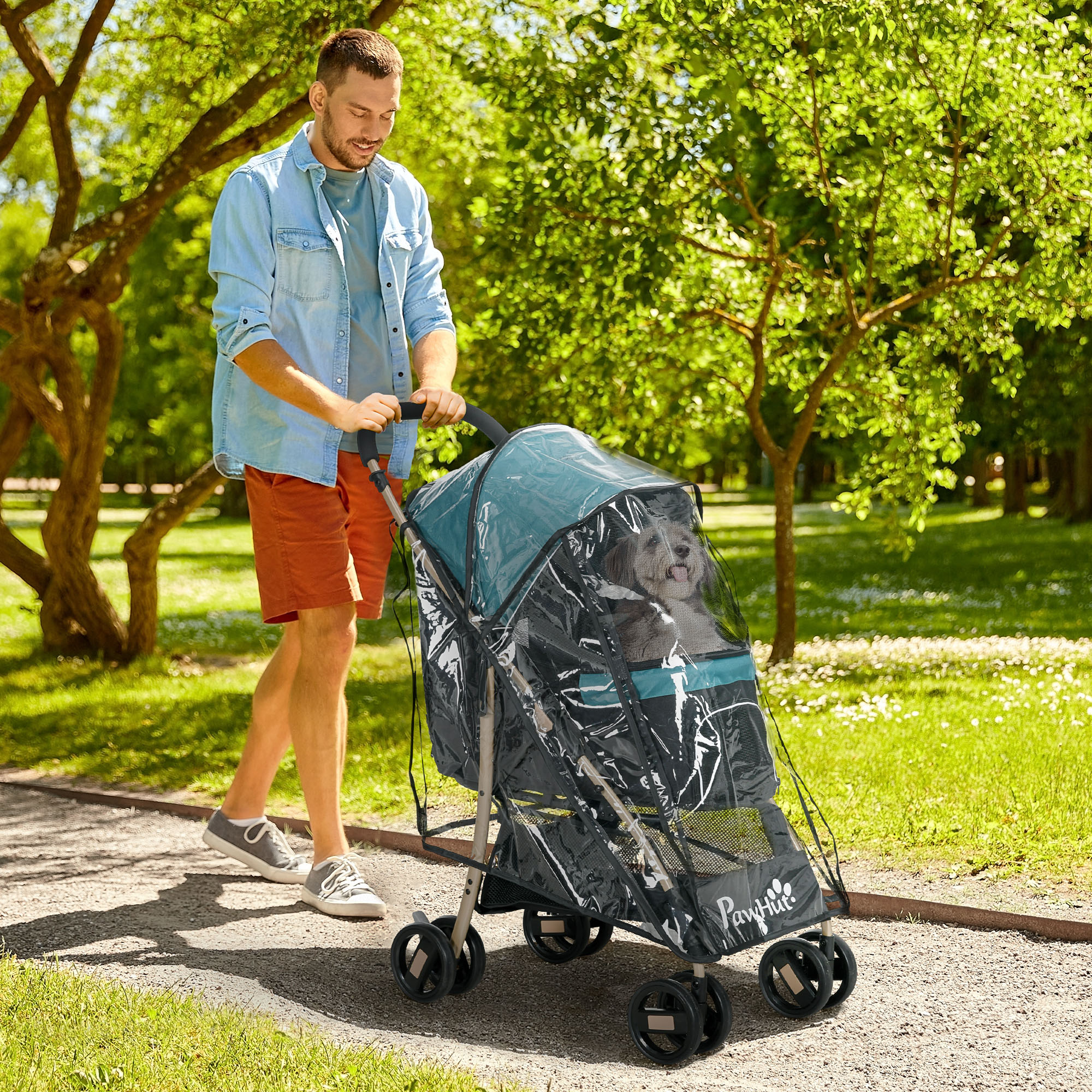 PawHut Oxford Pet Buggy for Compact Dogs, Weatherproof Canopy, Ventilated, Easy Fold with Storage, Dark Green
