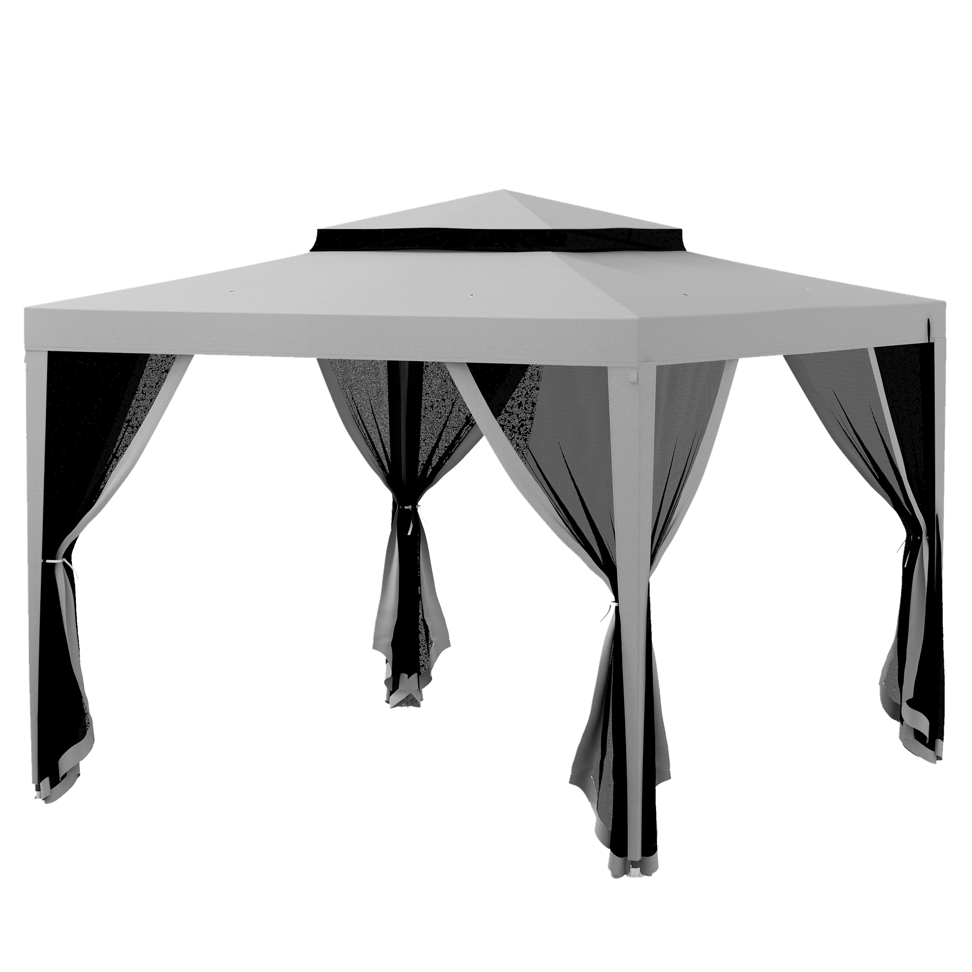 Outsunny Carpa de Jardín 3x3 m Cenador Gazebo con 4 Mosquiteras Laterales Techo Doble 8 Orificios de Drenaje Marco de Metal Gris