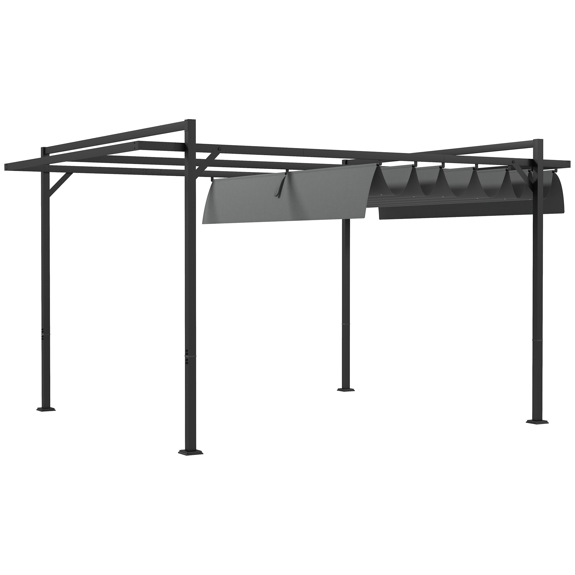 Outsunny Cenador de Jardín 3x4 m con Techo Retráctil de Poliéster y 12 Orificios de Drenaje Pérgola para Terraza Gris Oscuro