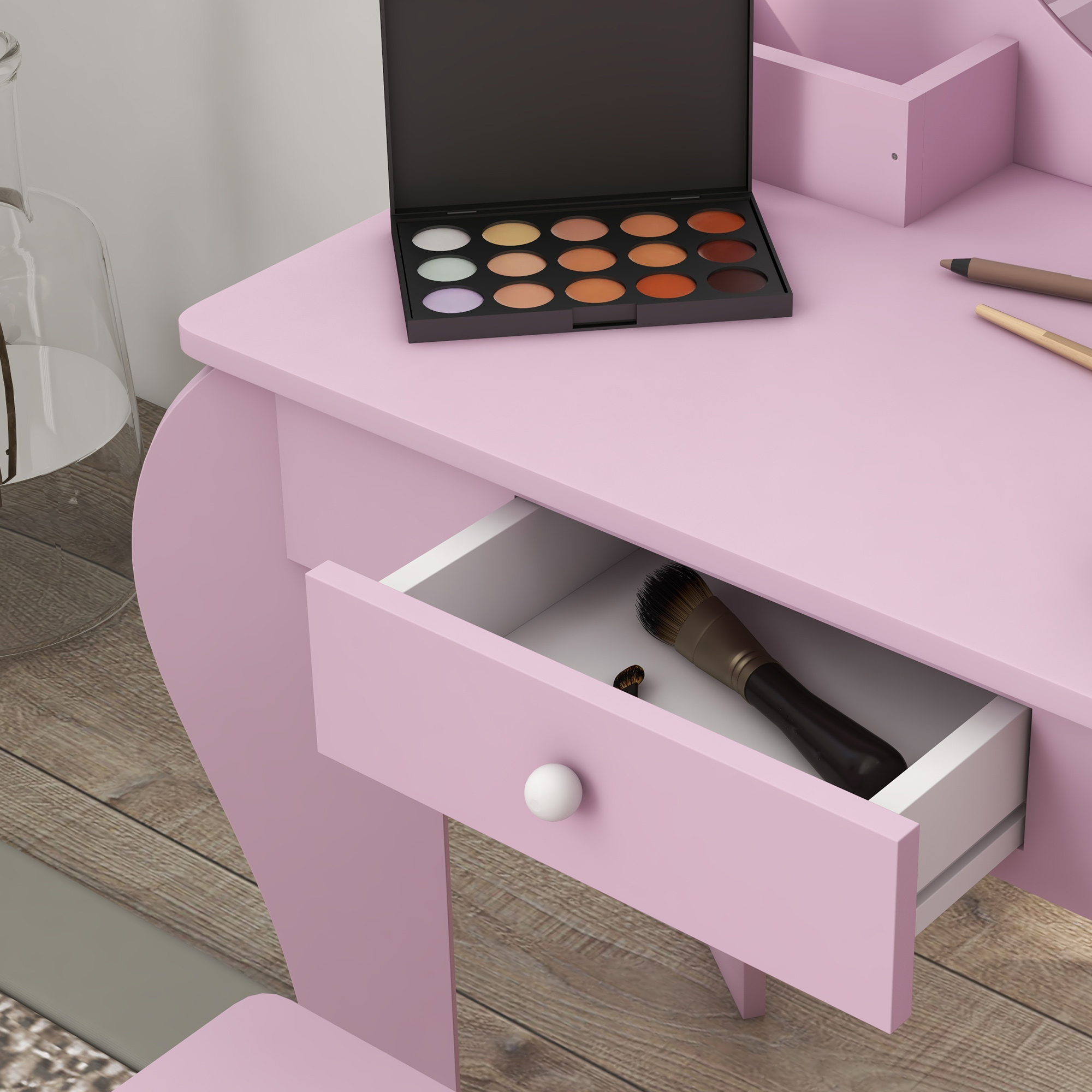 ZONEKIZ Children's Vanity Set with Mirror, Stool, Cat Theme, Drawer, Organiser Boxes for Ages 3-6, Pink