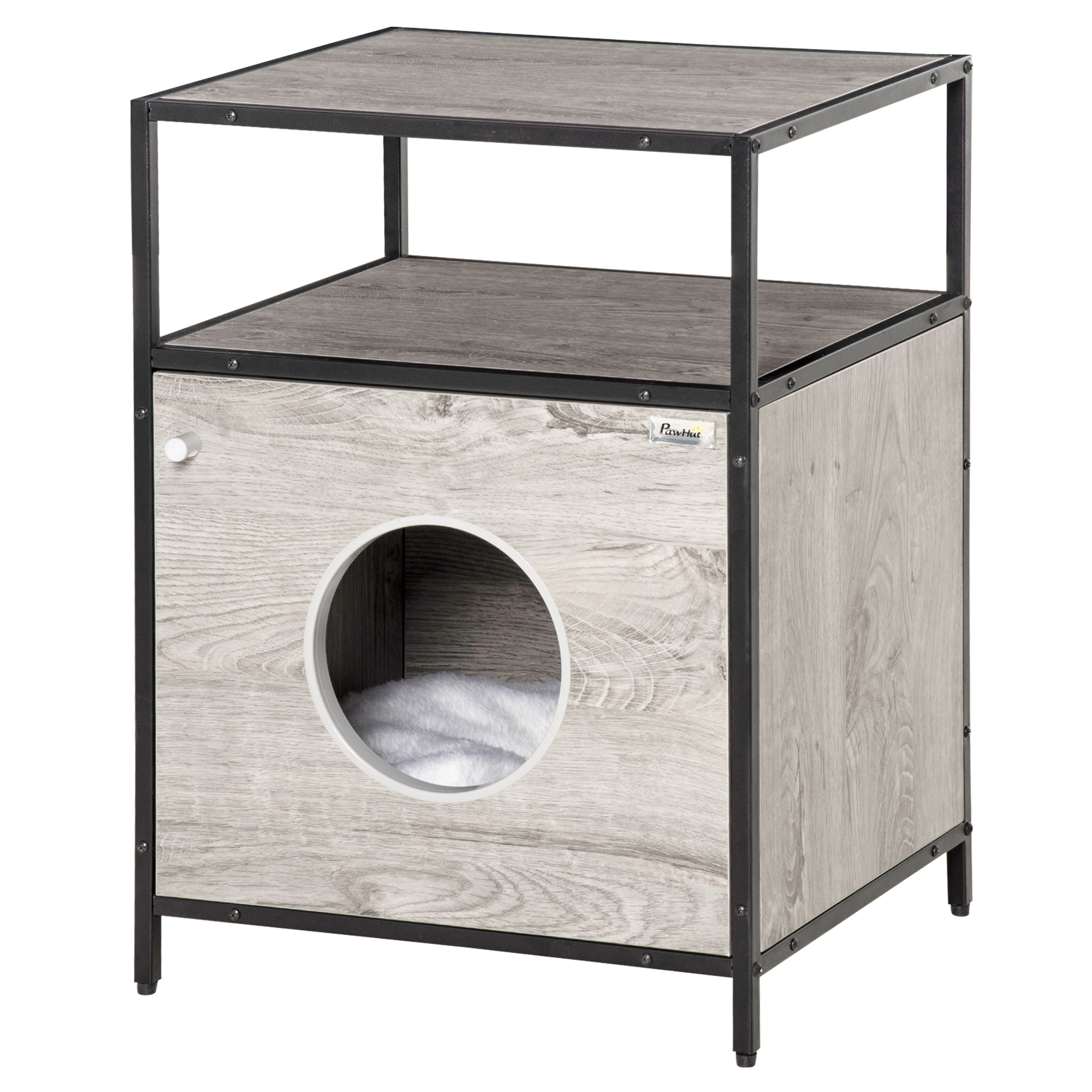 PawHut Casa para Gatos de Madera con Apariencia de Mesa Auxiliar con 2 Estantes de Almacenaje Cueva Gatos con Cojín 48x40x65,5 cm Roble Gris|AOSOM ES