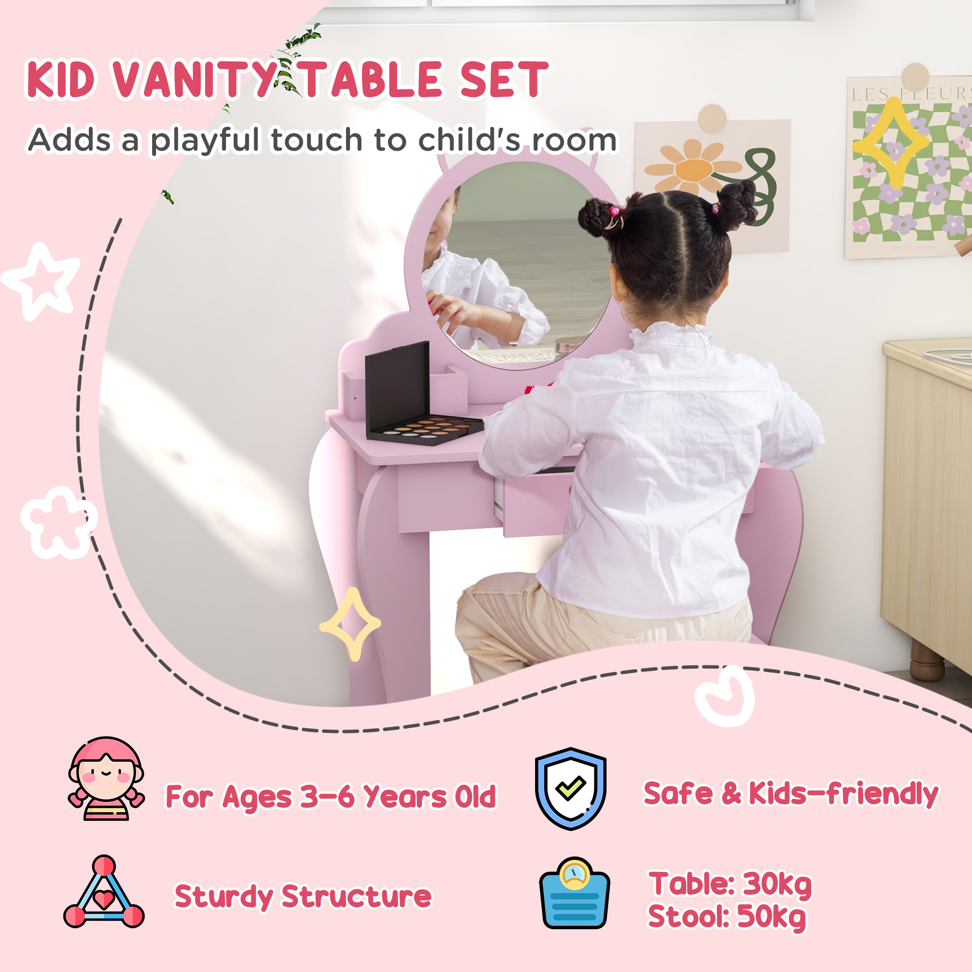 ZONEKIZ Children's Vanity Set with Mirror, Stool, Cat Theme, Drawer, Organiser Boxes for Ages 3-6, Pink