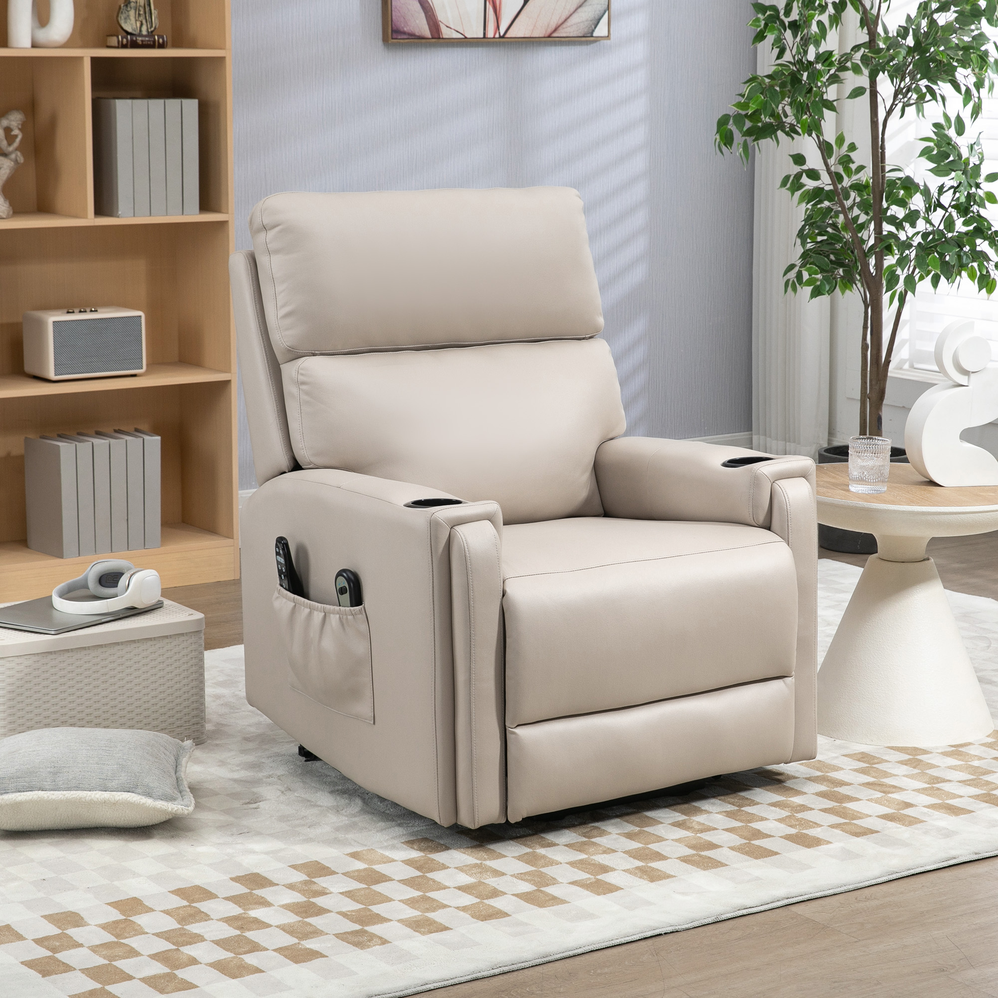 HOMCOM Lift Chair, Electric Riser and Recliner Chair with Vibration Massage, Heat, Cup Holders, Side Pockets, Beige