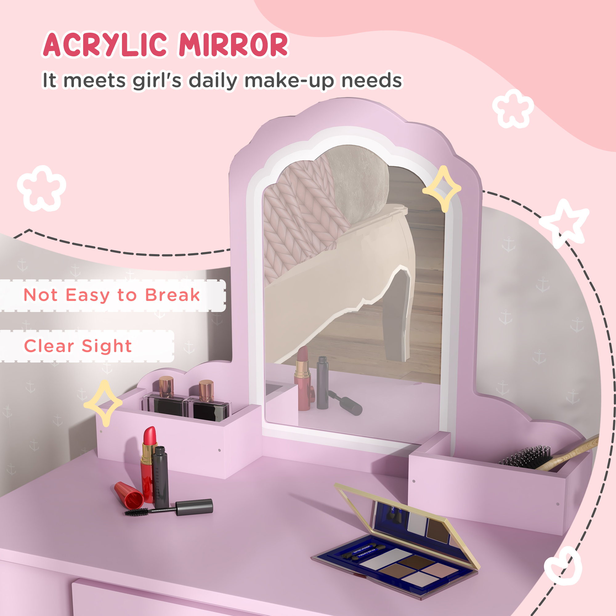 ZONEKIZ Child's Vanity Set with Cloud-Shaped Mirror, Stool, Drawer, and Storage Compartments, Pink