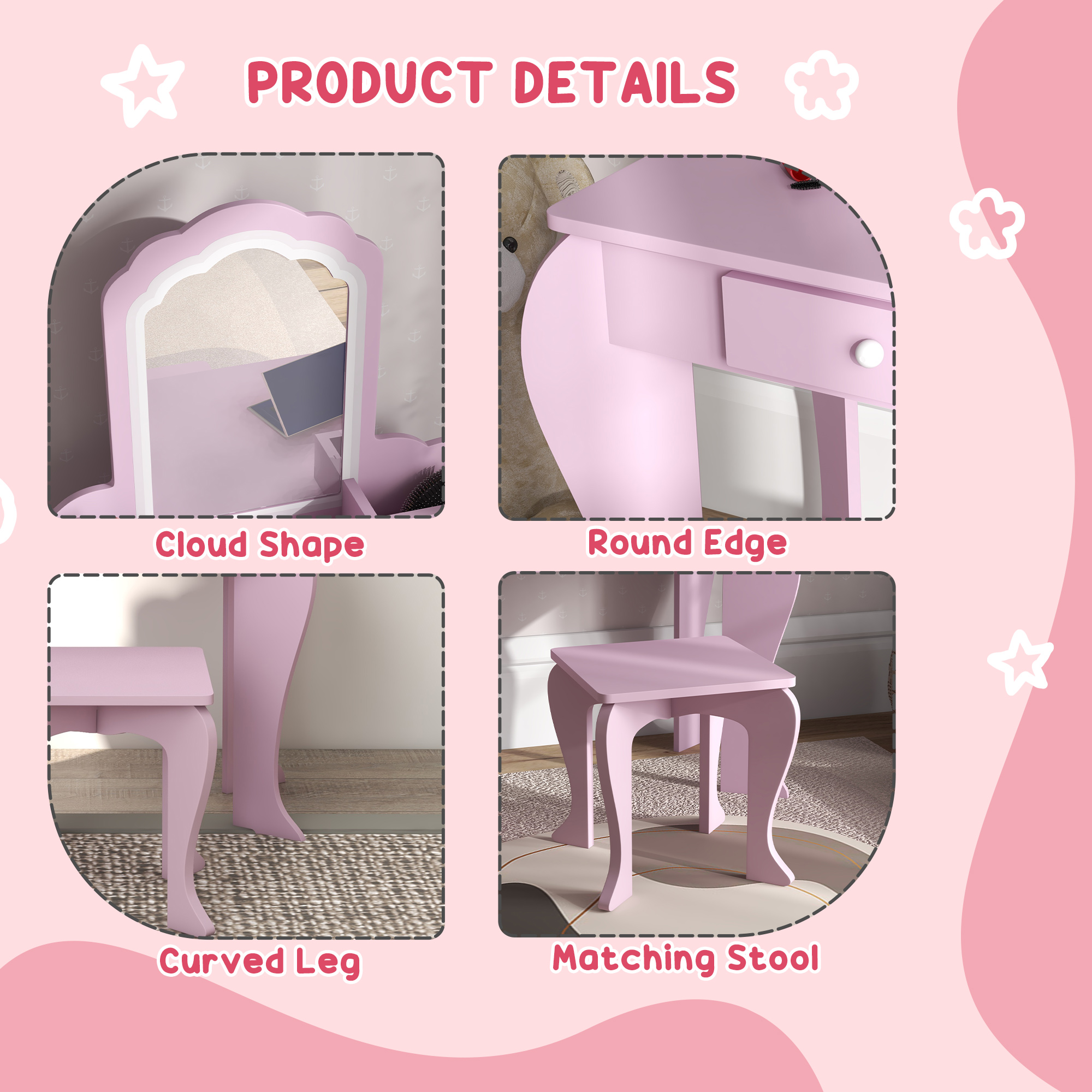 ZONEKIZ Child's Vanity Set with Cloud-Shaped Mirror, Stool, Drawer, and Storage Compartments, Pink