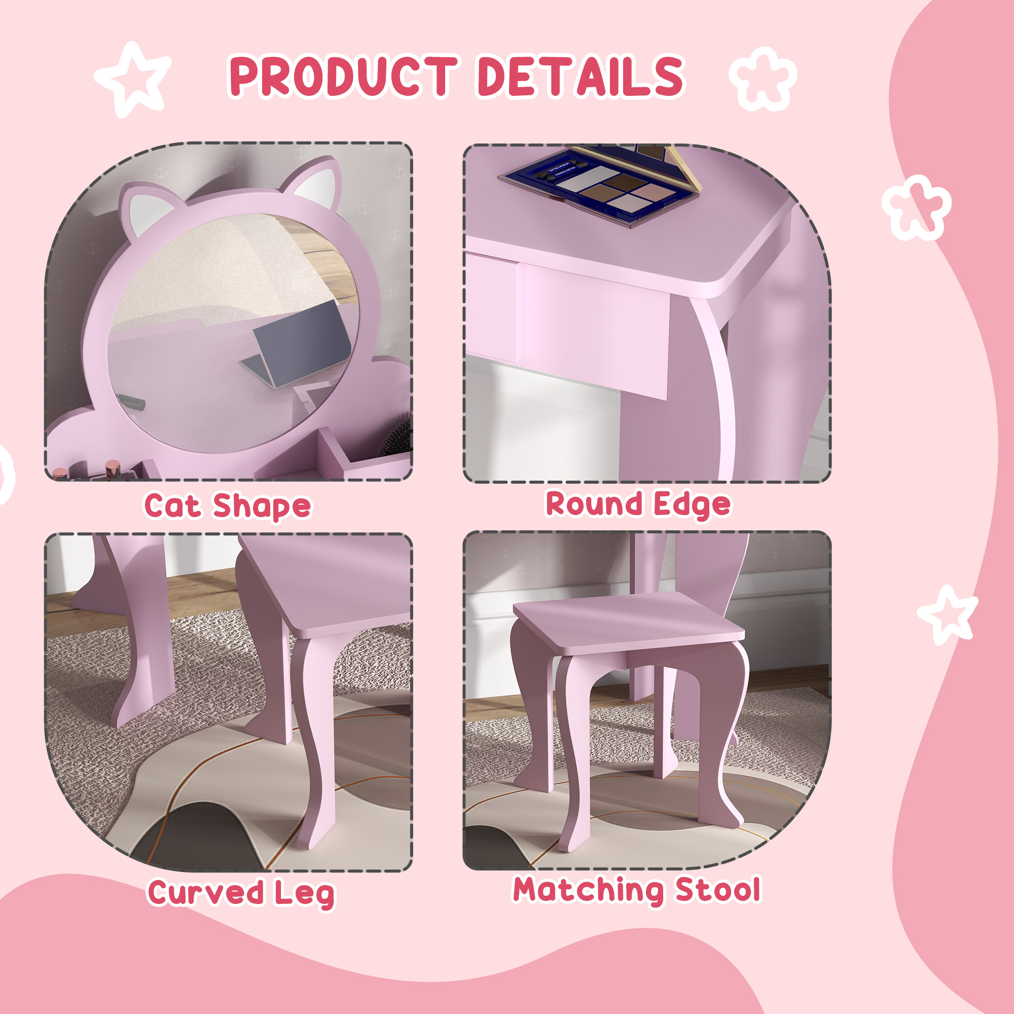 ZONEKIZ Children's Vanity Set with Mirror, Stool, Cat Theme, Drawer, Organiser Boxes for Ages 3-6, Pink