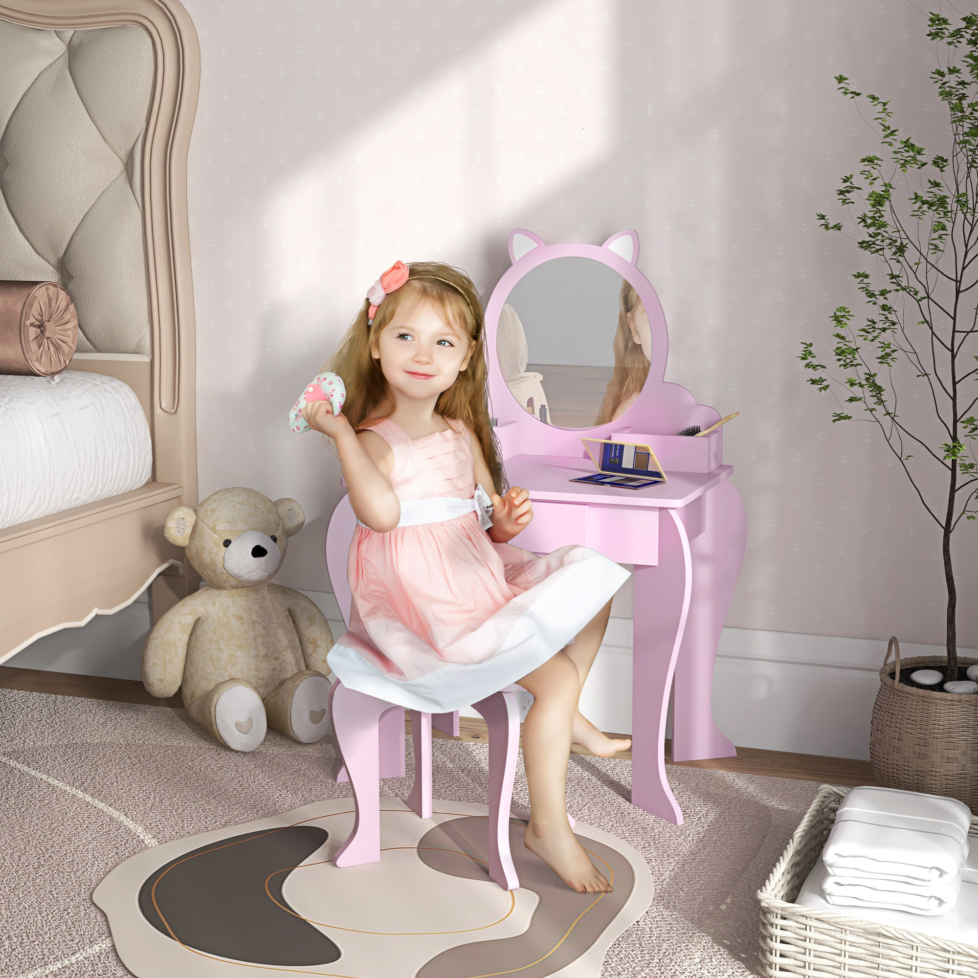 ZONEKIZ Children's Vanity Set with Mirror, Stool, Cat Theme, Drawer, Organiser Boxes for Ages 3-6, Pink