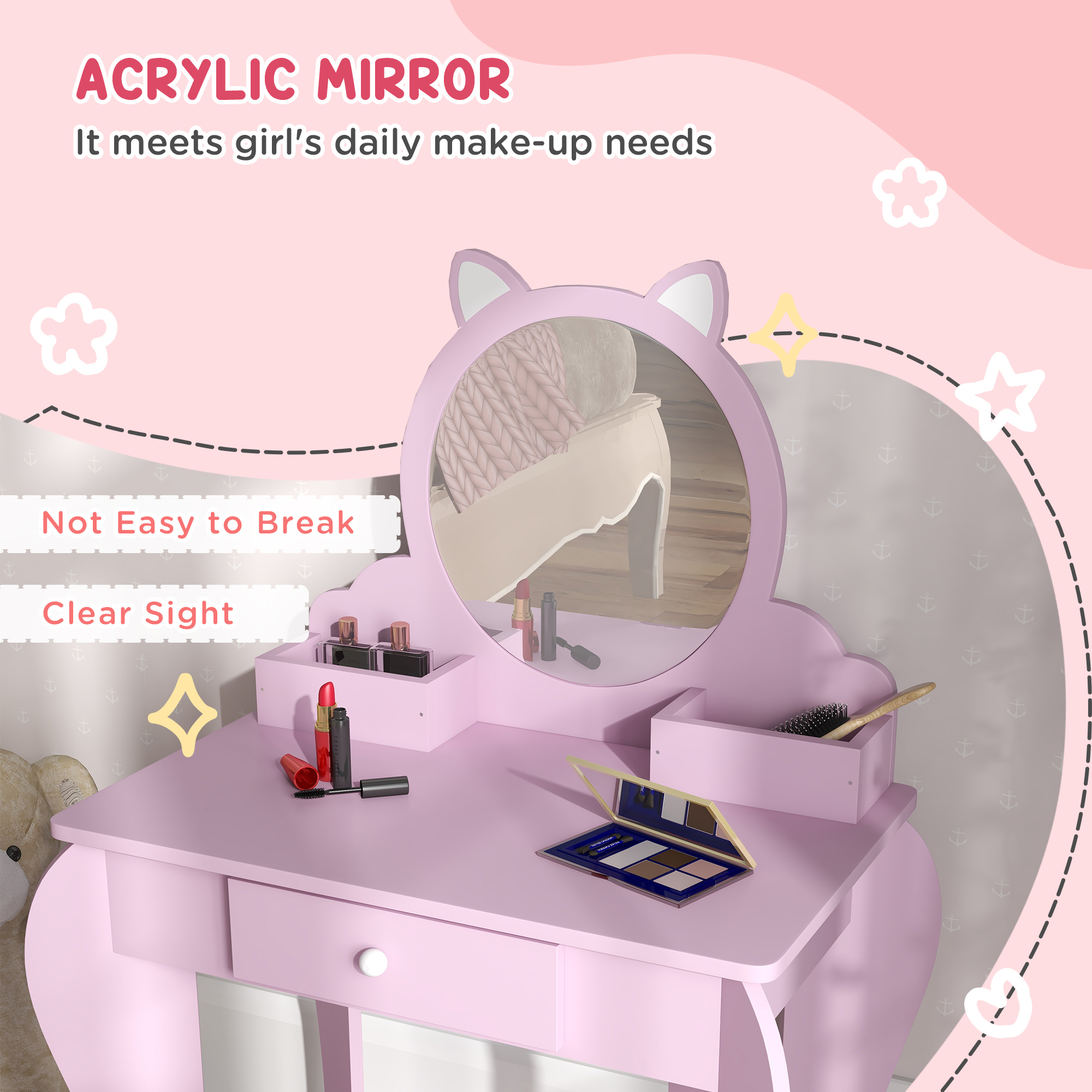 ZONEKIZ Children's Vanity Set with Mirror, Stool, Cat Theme, Drawer, Organiser Boxes for Ages 3-6, Pink