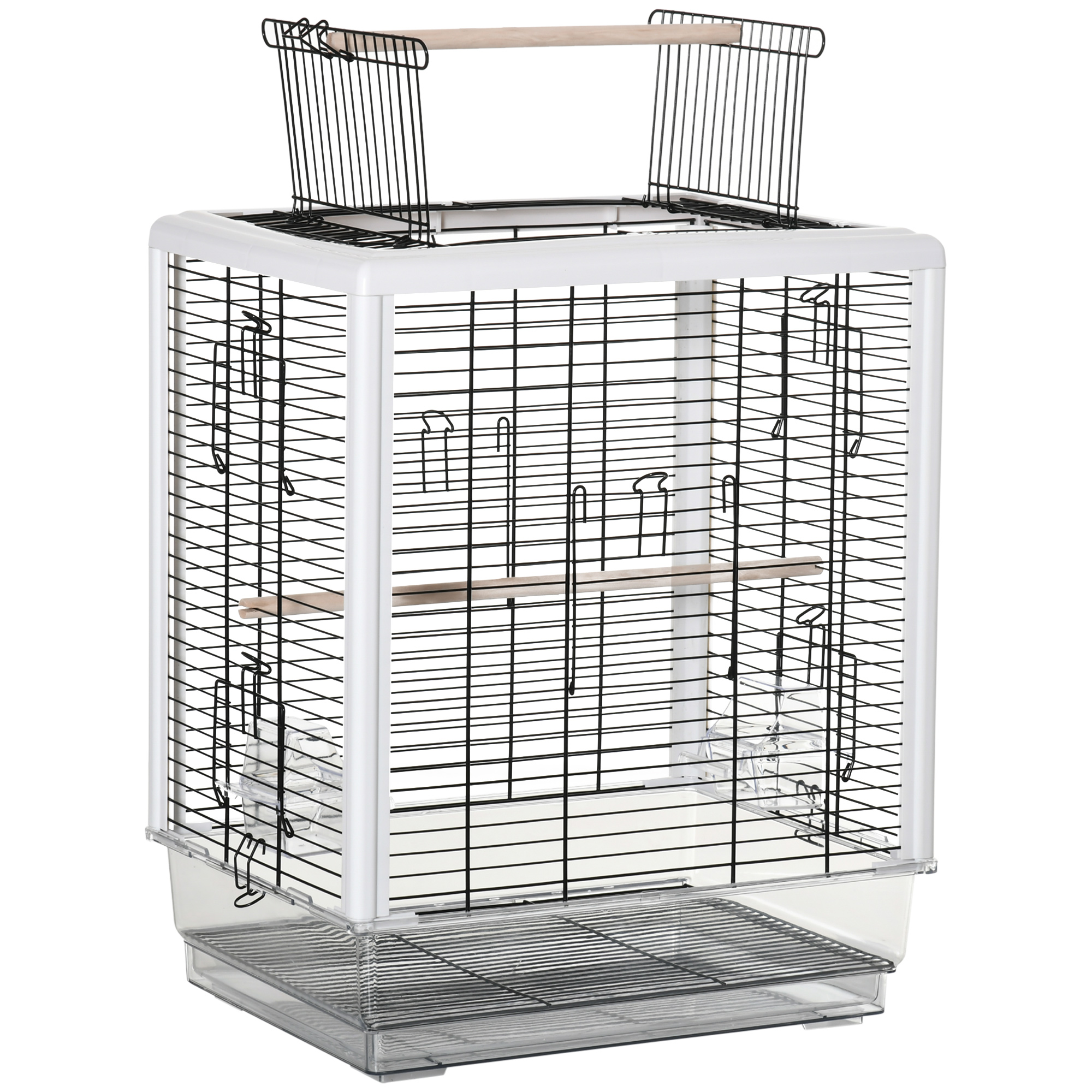 PawHut Jaula para Pájaros Pajarera con Techo Abrible 2 Comederos 2 Perchas Bandeja Extraíble y Asa de Transporte 47x35x57,5 cm Blanco y Negro|AOSOM ES