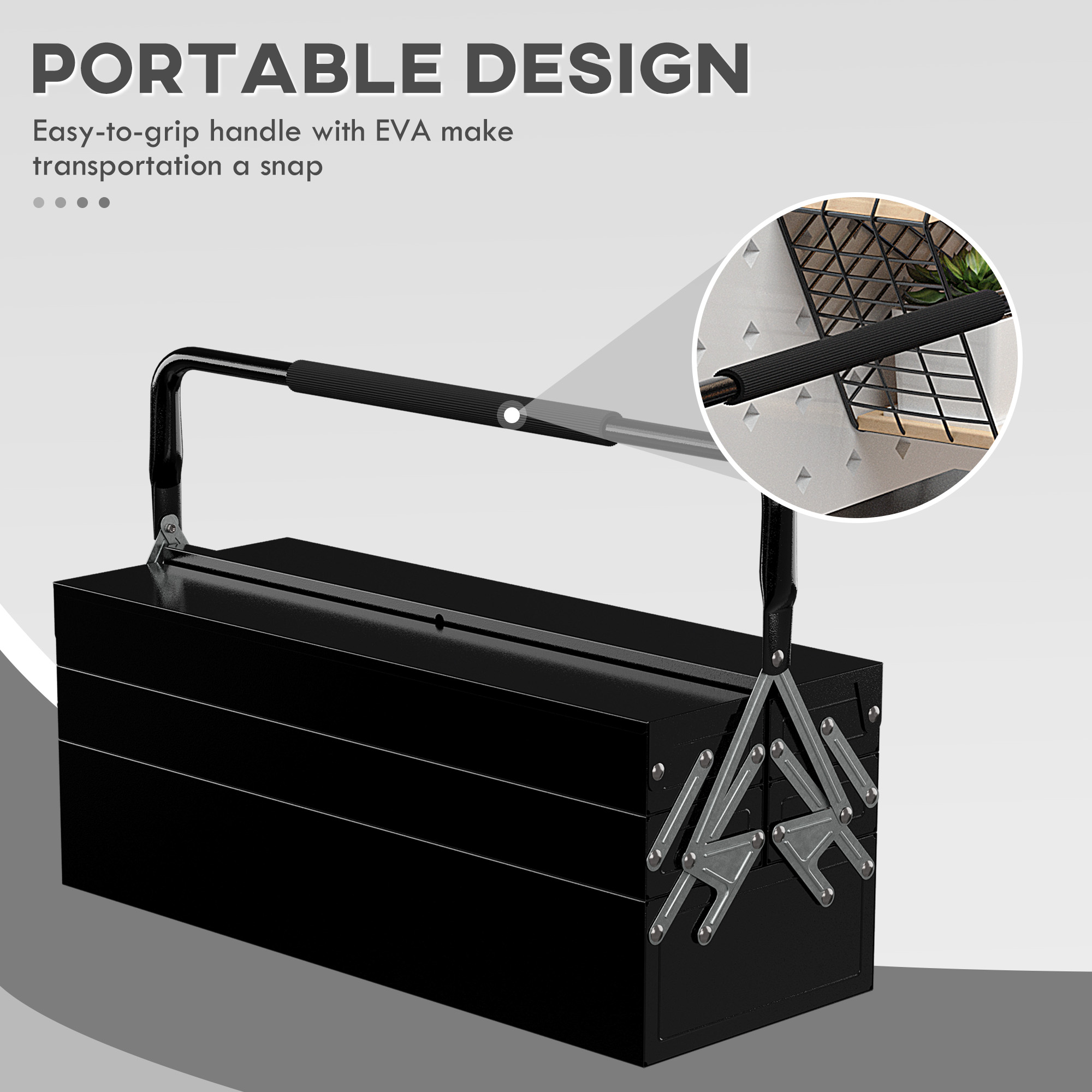 DURHAND Professional Metal Toolbox, 3 Tier, 5 Tray, Portable with Carry Handle, 56cmx20cmx34cm, Black