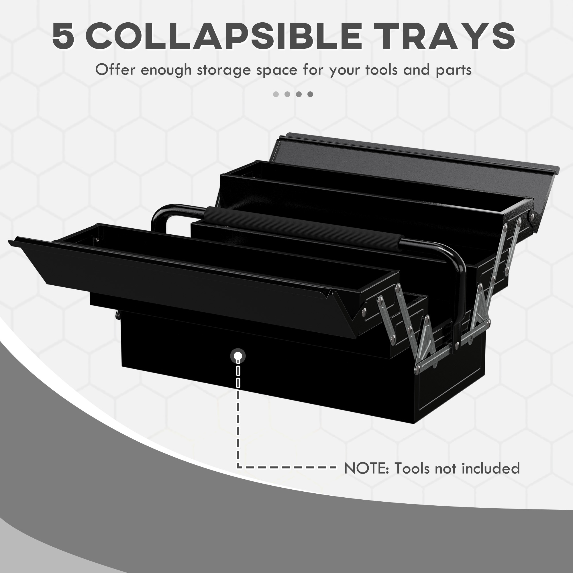 DURHAND Professional 3 Tier Metal Toolbox, 5 Tray Portable Tool Box with Handle, Workshop Storage, 45cmx22.5cmx34.5cm, Black