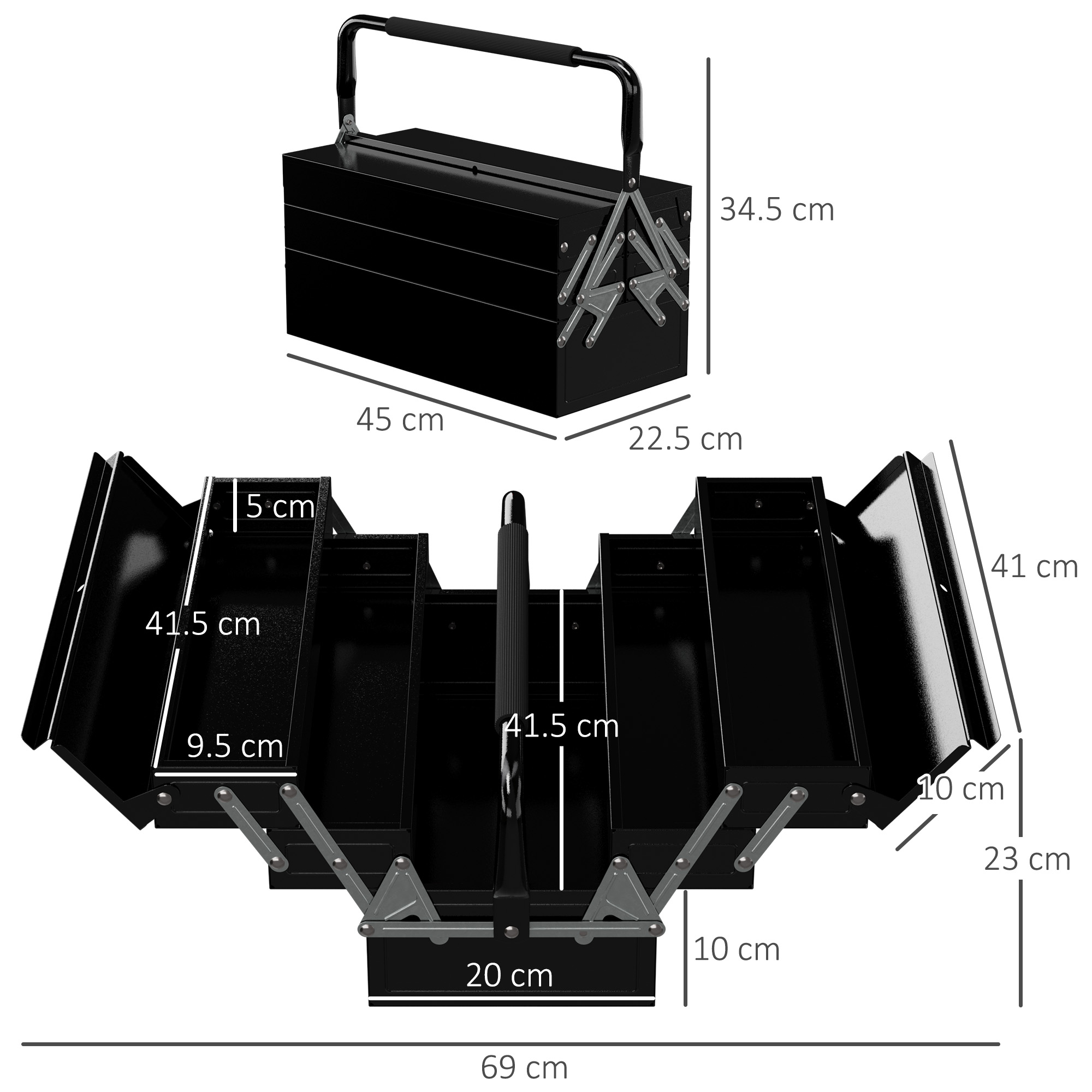 DURHAND Professional 3 Tier Metal Toolbox, 5 Tray Portable Tool Box with Handle, Workshop Storage, 45cmx22.5cmx34.5cm, Black