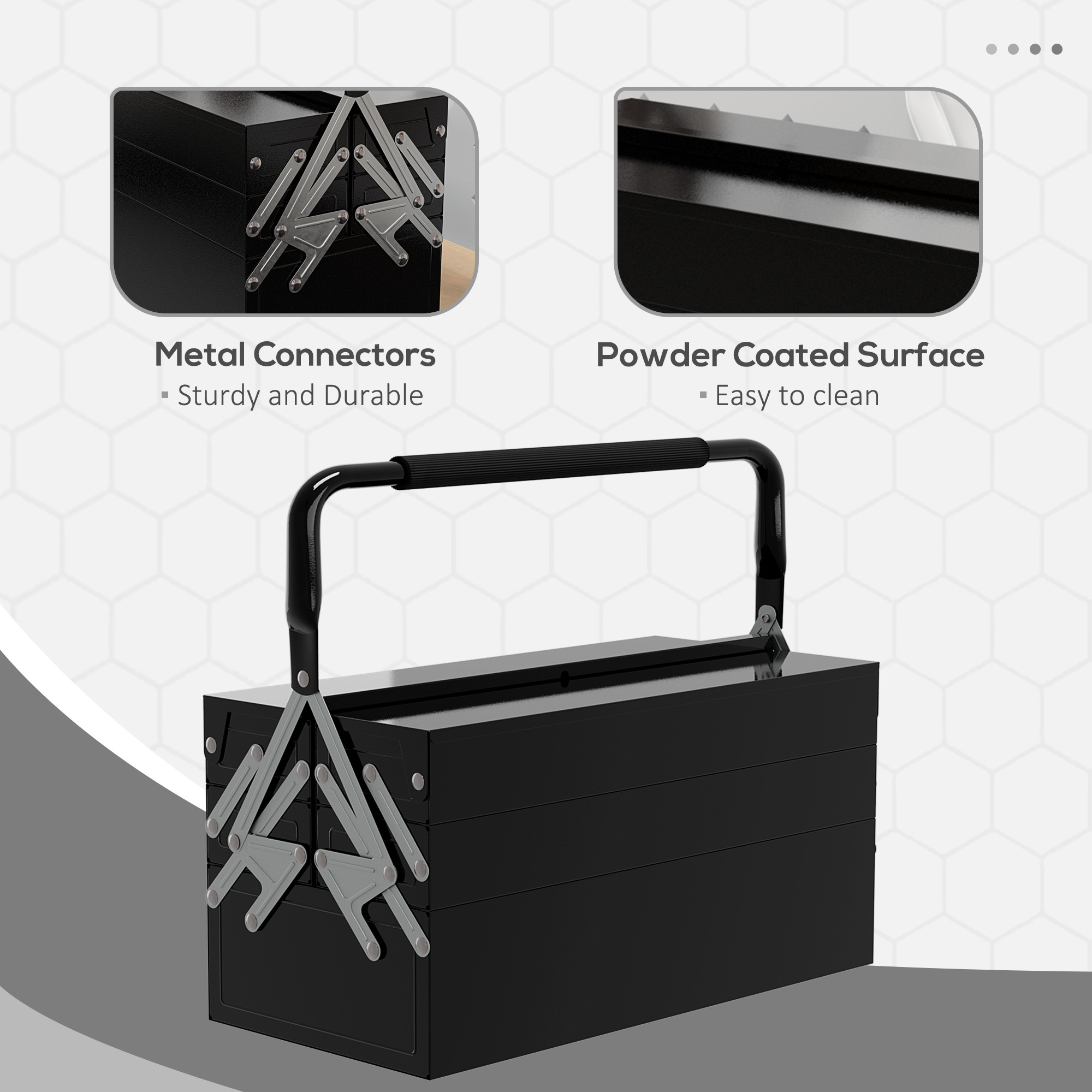 DURHAND Professional 3 Tier Metal Toolbox, 5 Tray Portable Tool Box with Handle, Workshop Storage, 45cmx22.5cmx34.5cm, Black