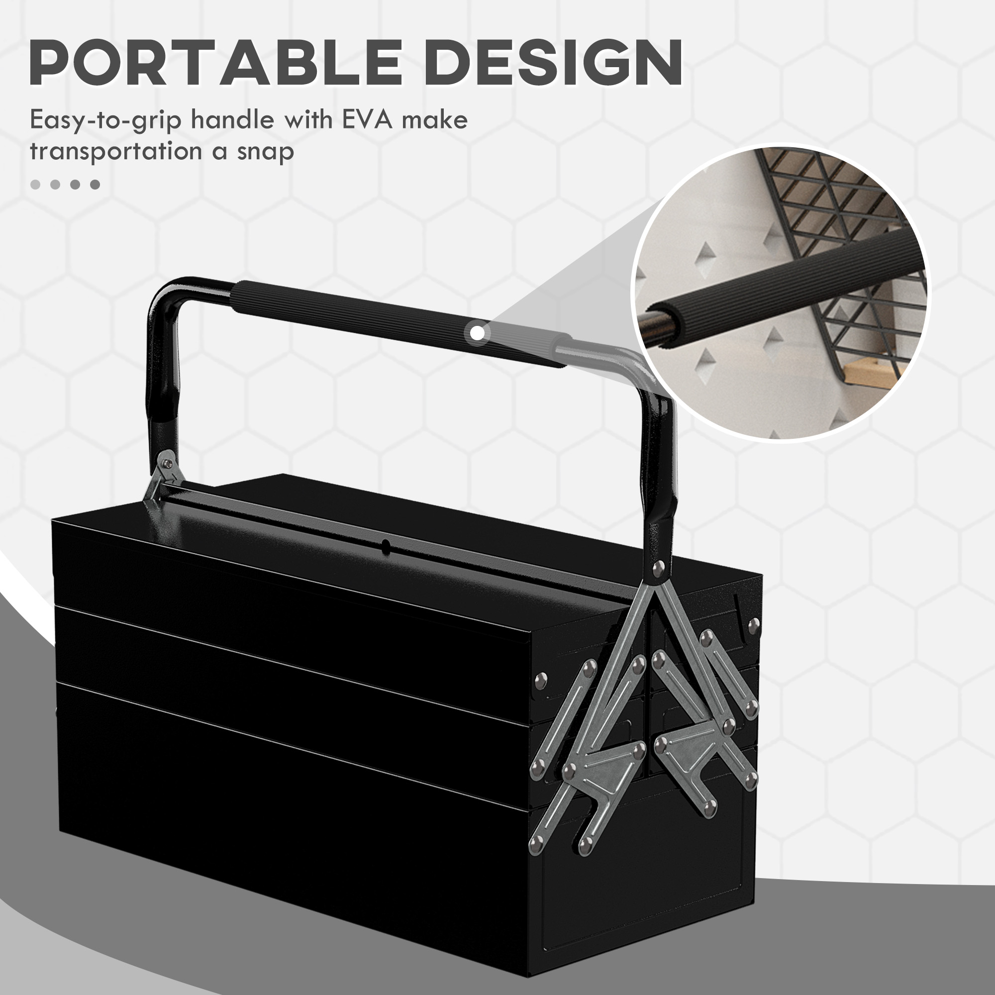 DURHAND Professional 3 Tier Metal Toolbox, 5 Tray Portable Tool Box with Handle, Workshop Storage, 45cmx22.5cmx34.5cm, Black