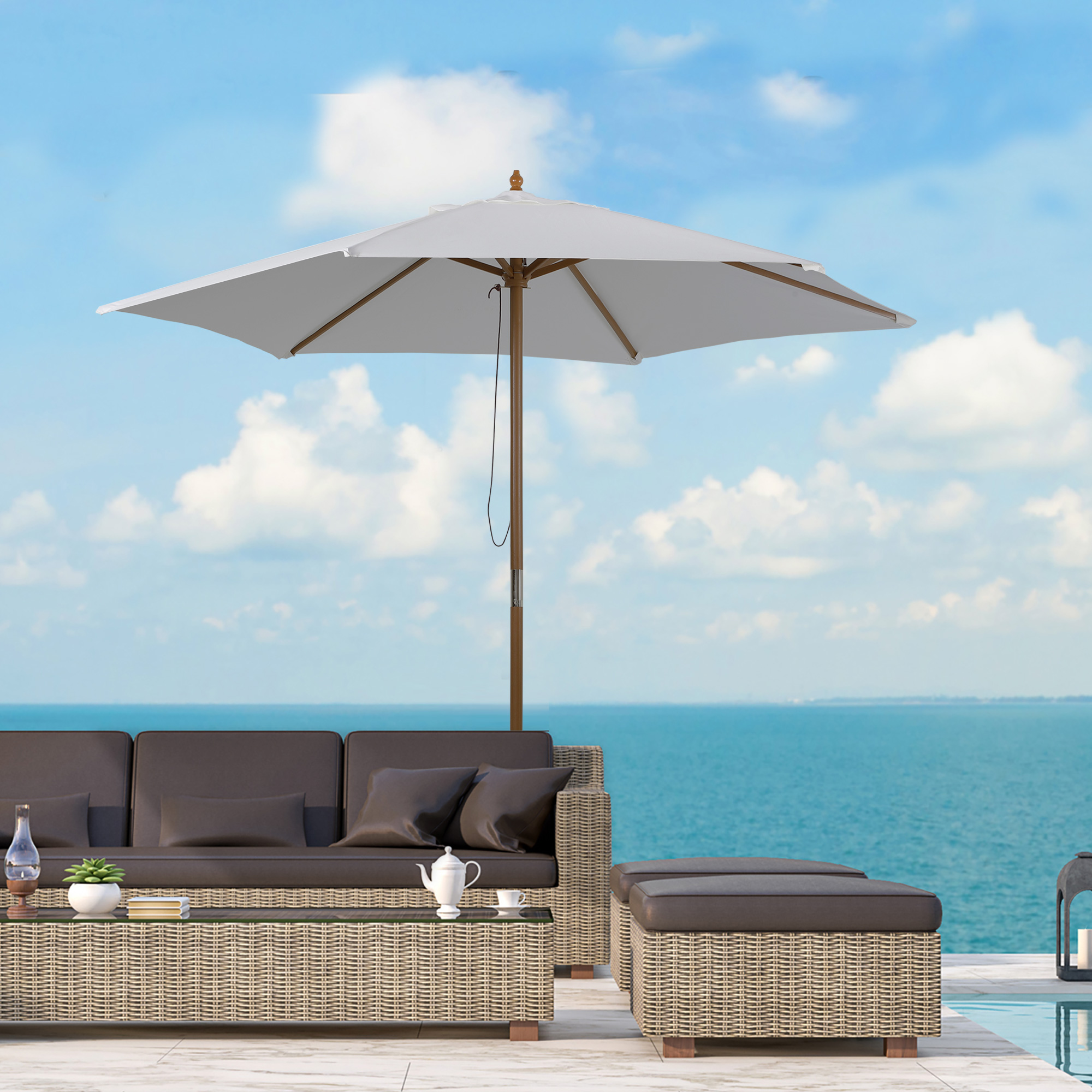 Outsunny Wooden Patio Umbrella, 2.5m Garden Parasol with 6 Ribs, Top Vent for Outdoor Use, White