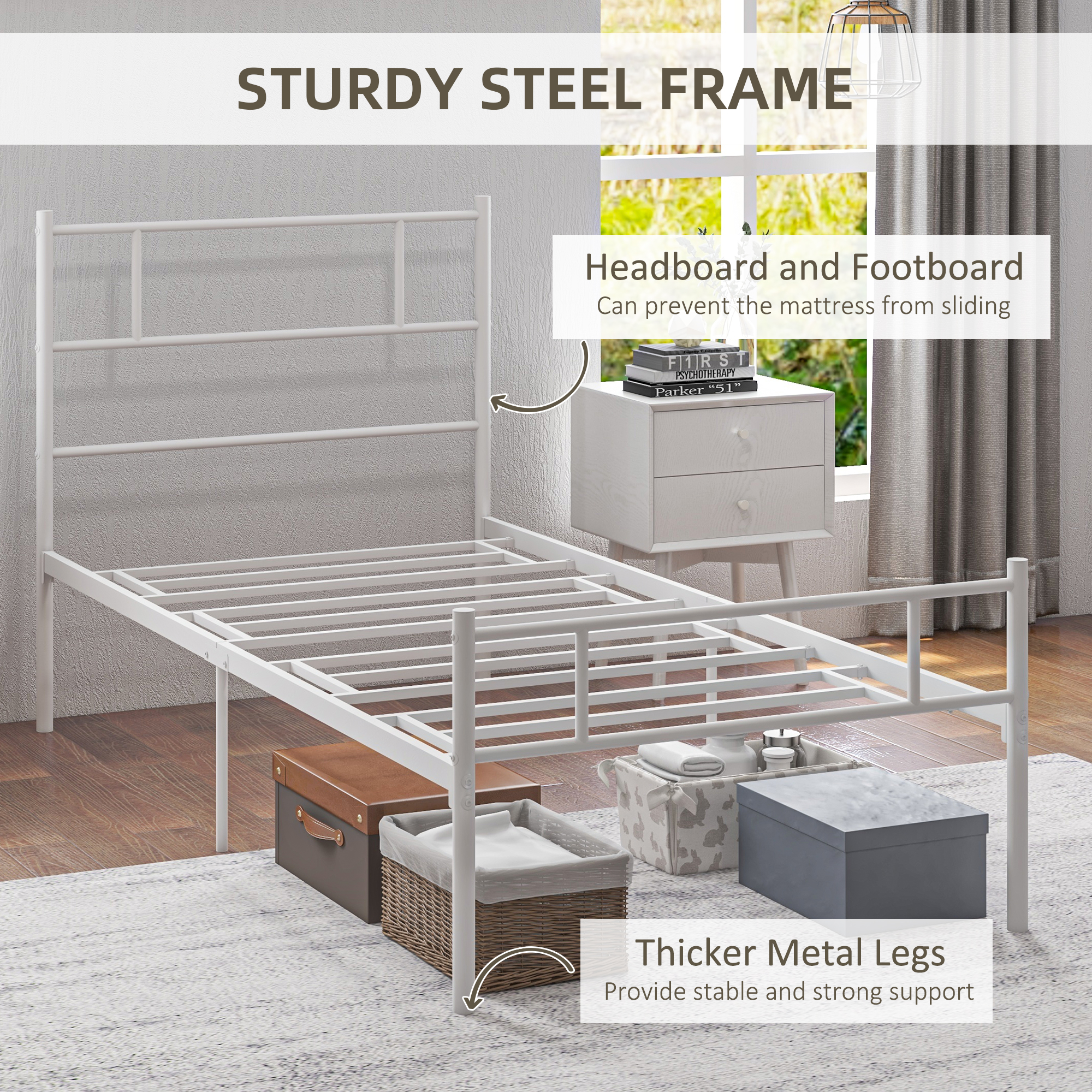 HOMCOM Metal Single Bed Frame with Headboard, Footboard, Metal Slat Support, 31cm Underbed Storage Space.