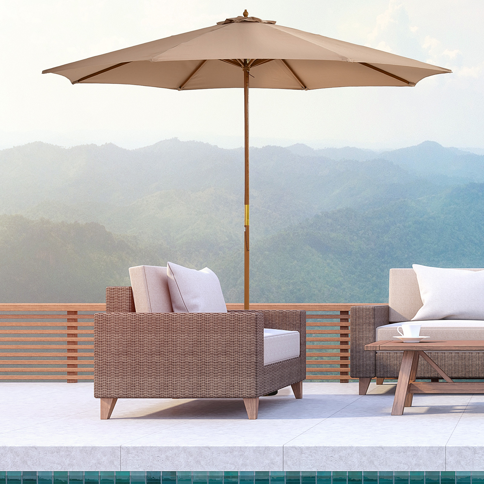 Outsunny 3(m) Garden Umbrella Wooden Parasol 8 Ribs Bamboo Sun Shade Patio Outdoor Umbrella Canopy Khaki
