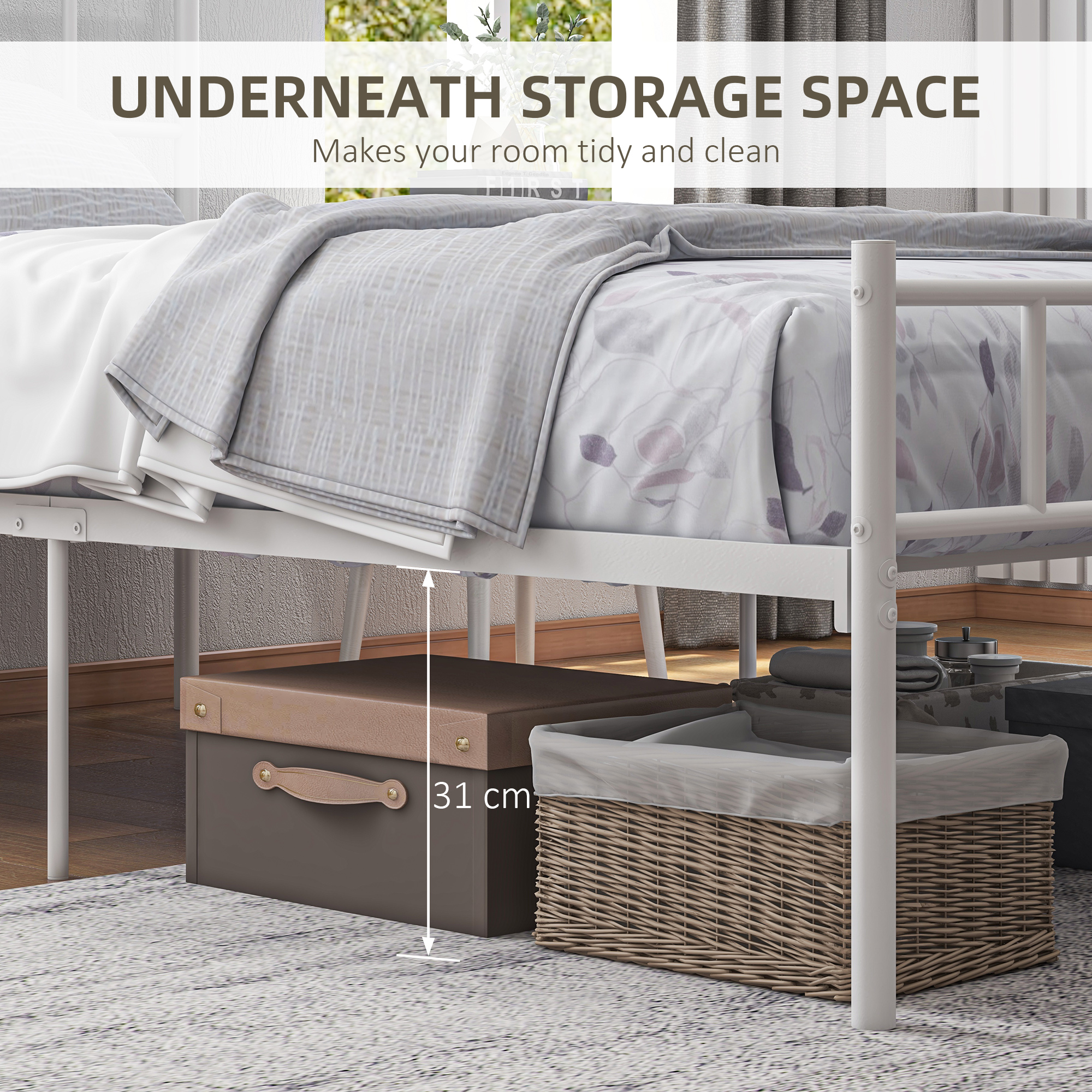 HOMCOM Metal Single Bed Frame with Headboard, Footboard, Metal Slat Support, 31cm Underbed Storage Space.