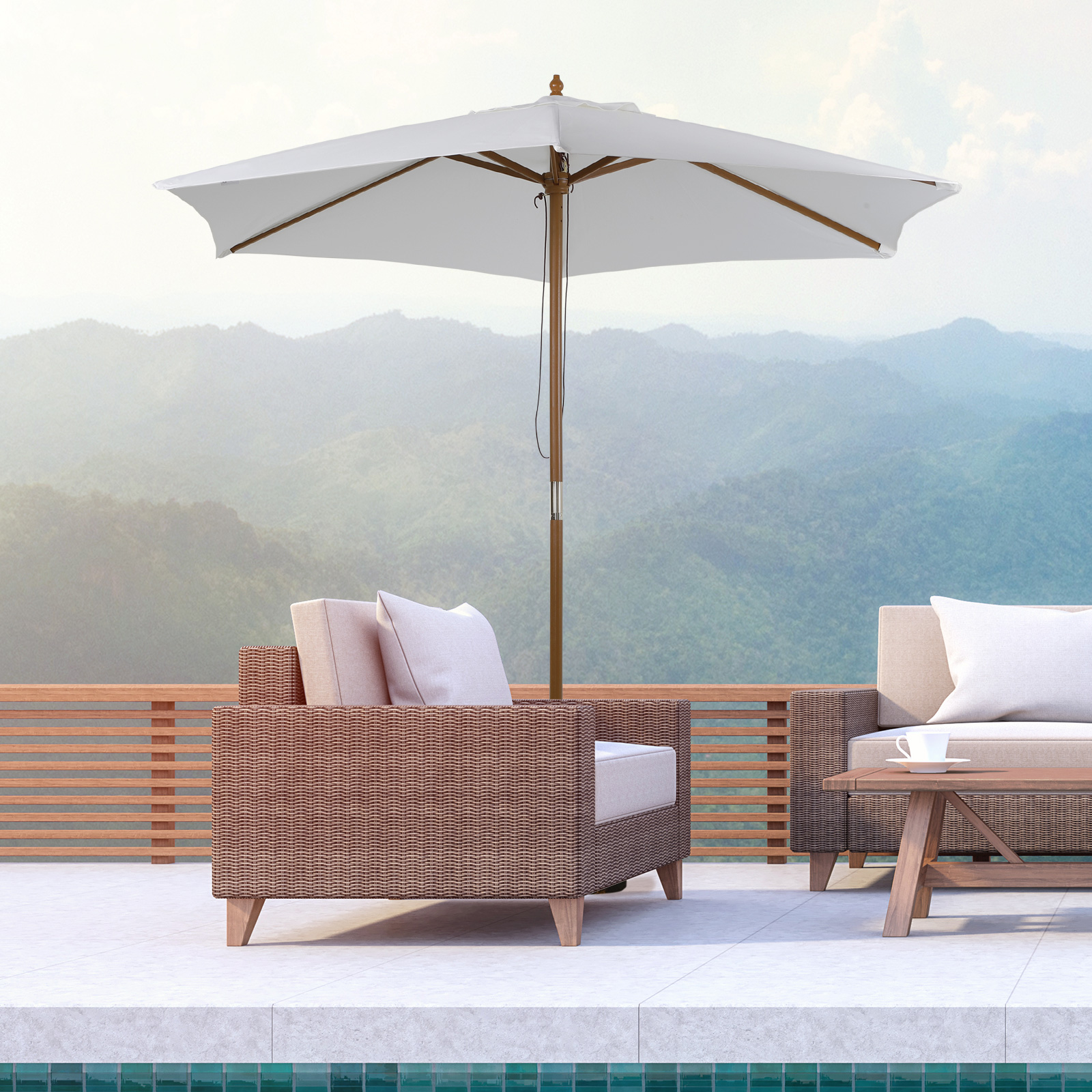 Outsunny Wooden Patio Umbrella, 2.5m Garden Parasol with 6 Ribs, Top Vent for Outdoor Use, White