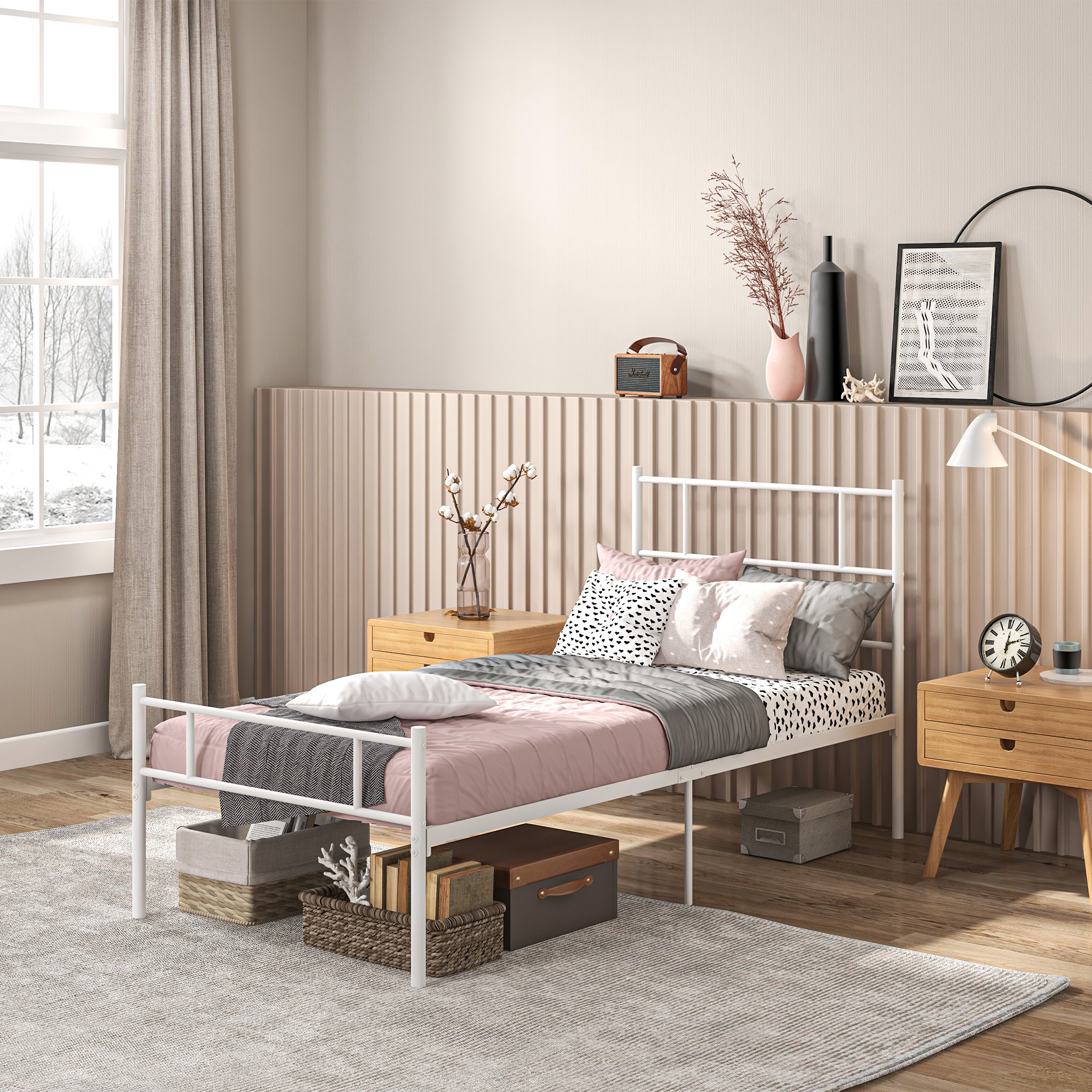 HOMCOM Metal Single Bed Frame with Headboard, Footboard, Metal Slat Support, 31cm Underbed Storage Space.