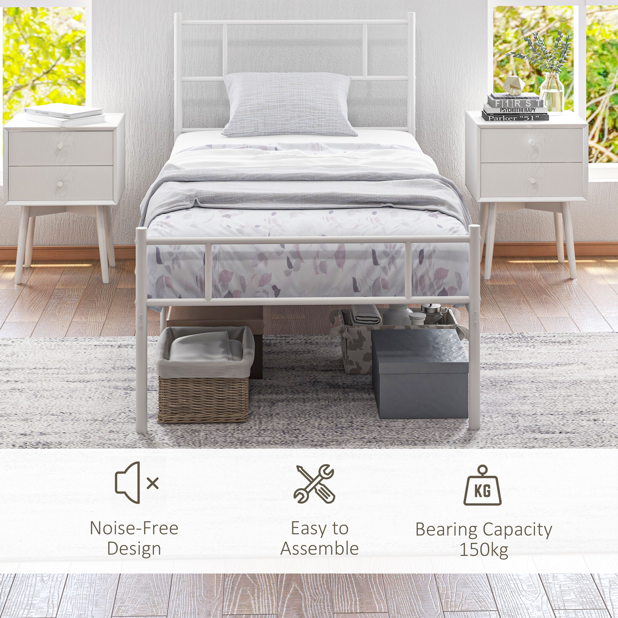 HOMCOM Metal Single Bed Frame with Headboard, Footboard, Metal Slat Support, 31cm Underbed Storage Space.