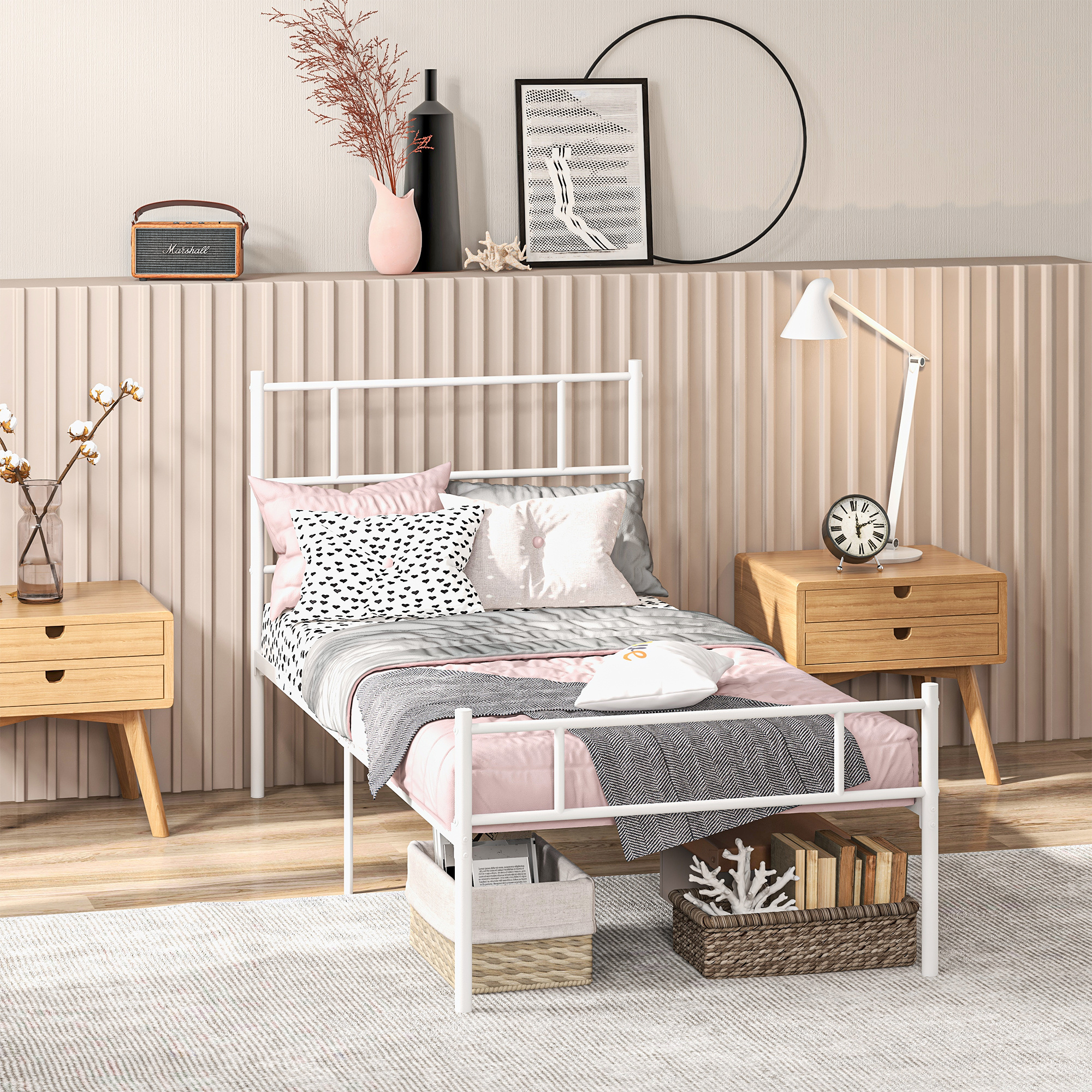 HOMCOM Metal Single Bed Frame with Headboard, Footboard, Metal Slat Support, 31cm Underbed Storage Space.