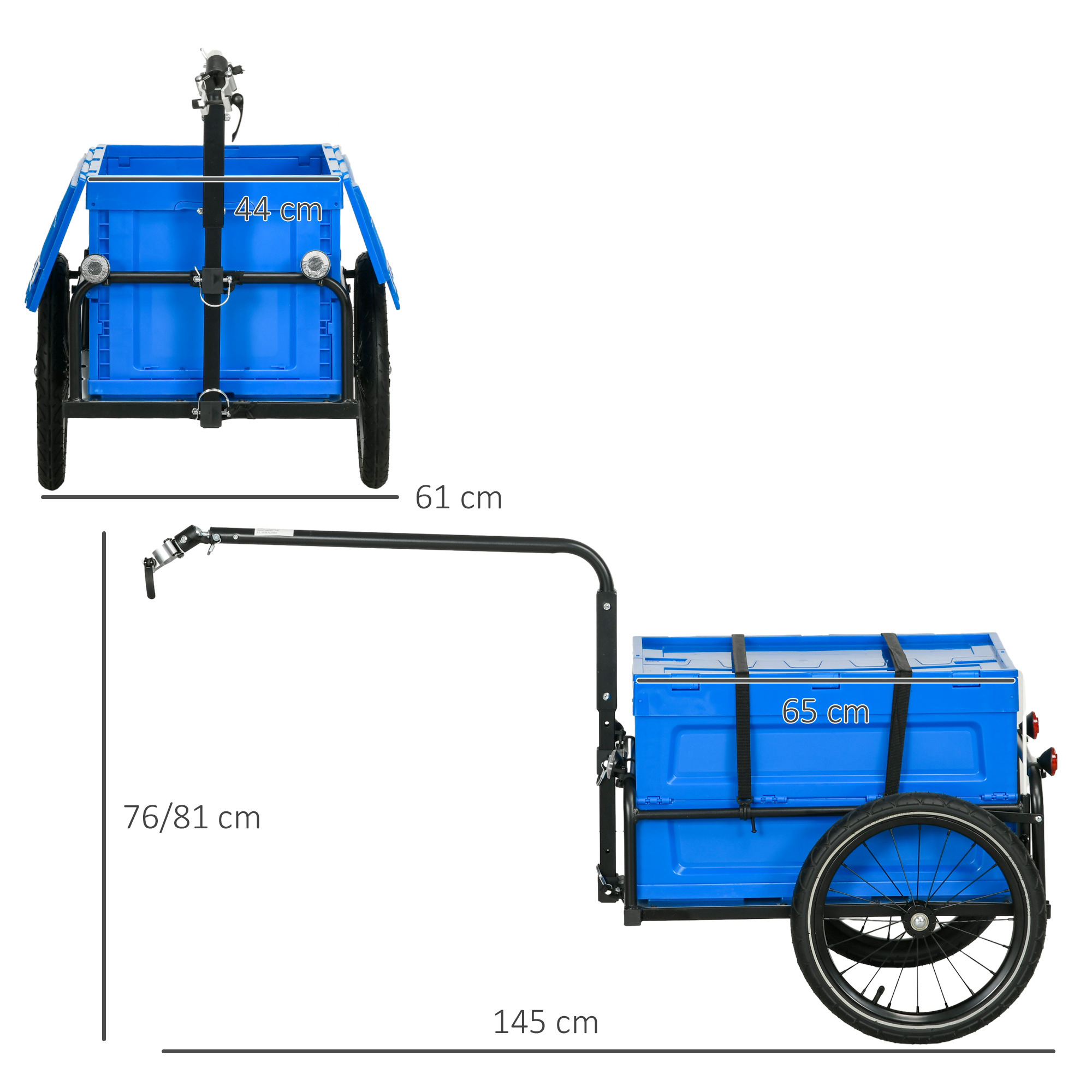 HOMCOM Bicycle Cargo Trailer with Steel Frame, 65L Foldable Storage Box, Safe Reflectors, Max Load 40KG, Blue
