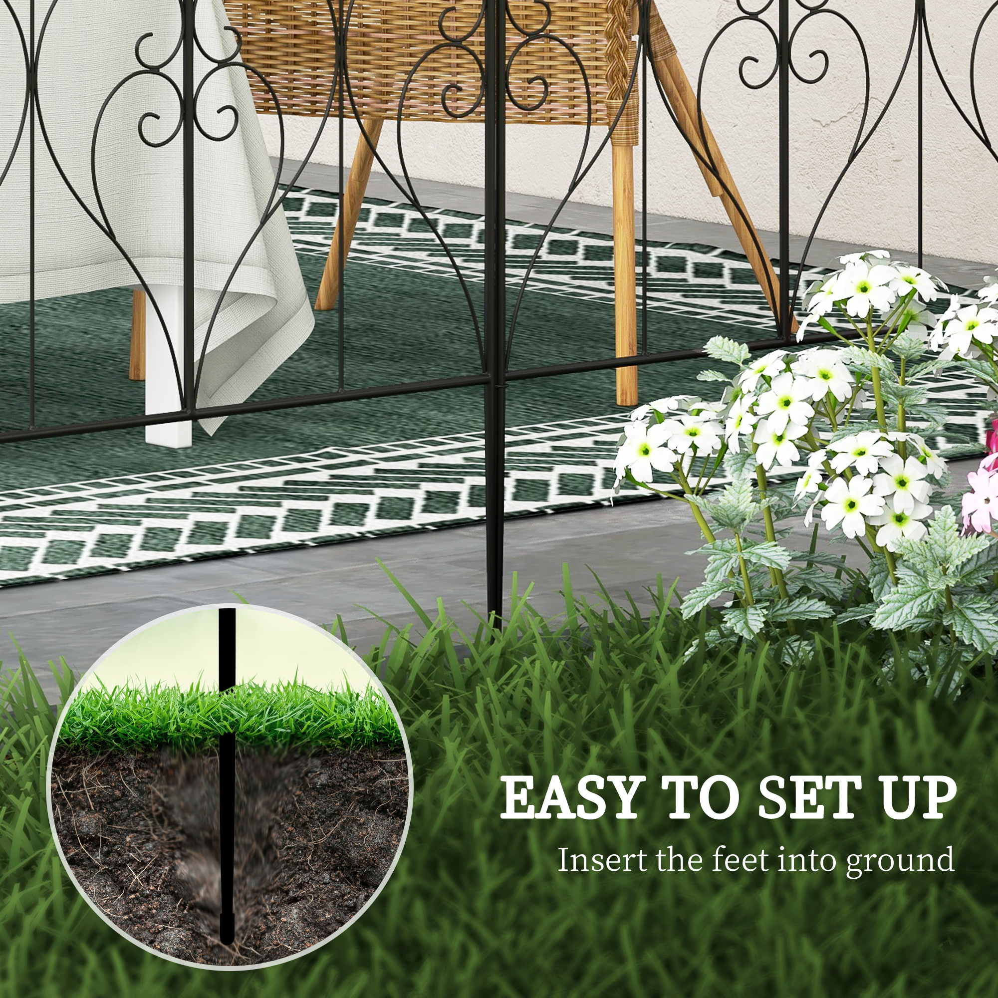 Outsunny Metal Garden Fence Panels, Decorative Outdoor Picket, Heart-shaped Scrollwork, Set of 5, Black