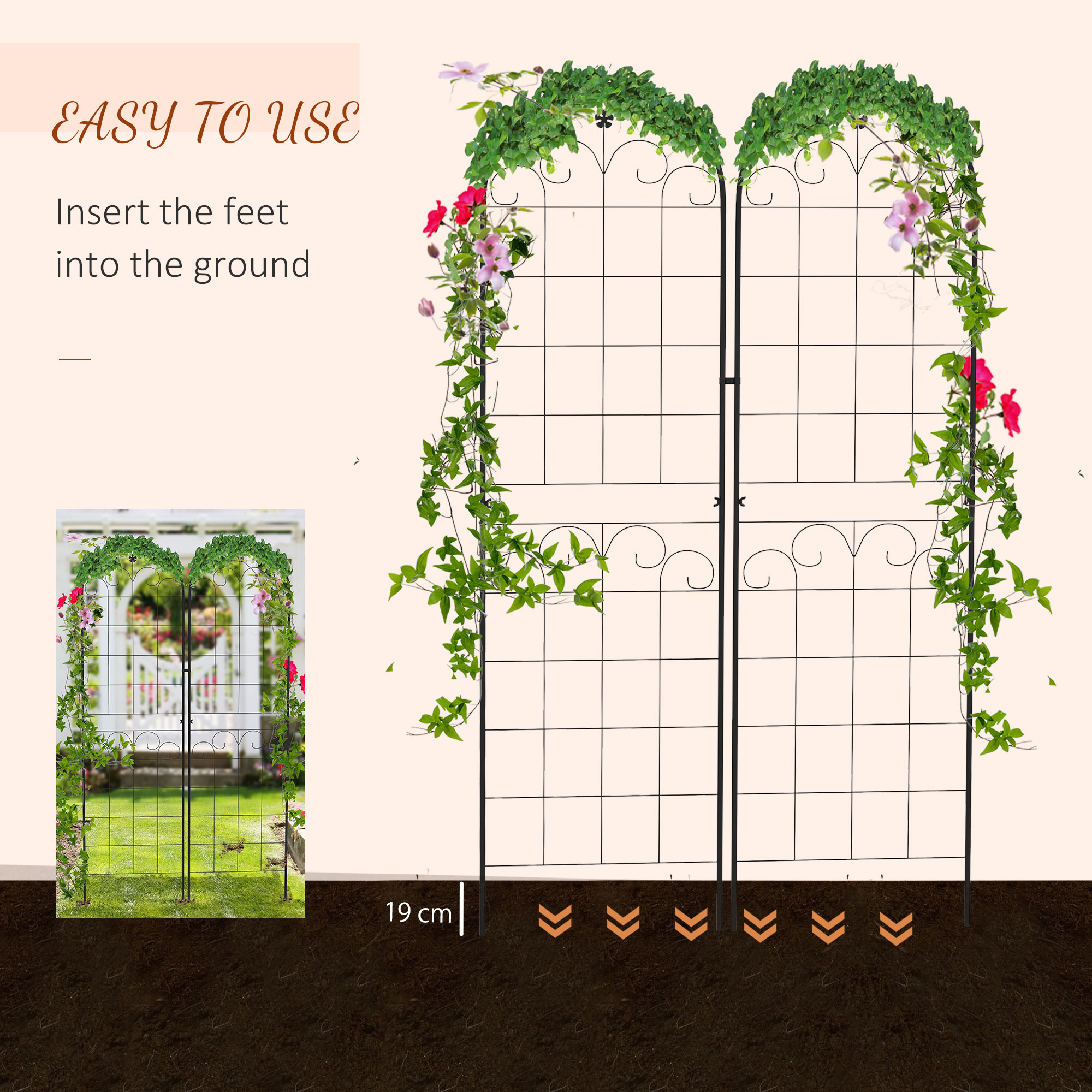 Outsunny Metal Trellis Set of 2, Garden Trellis for Climbing Plants Support Frames, Floral Design