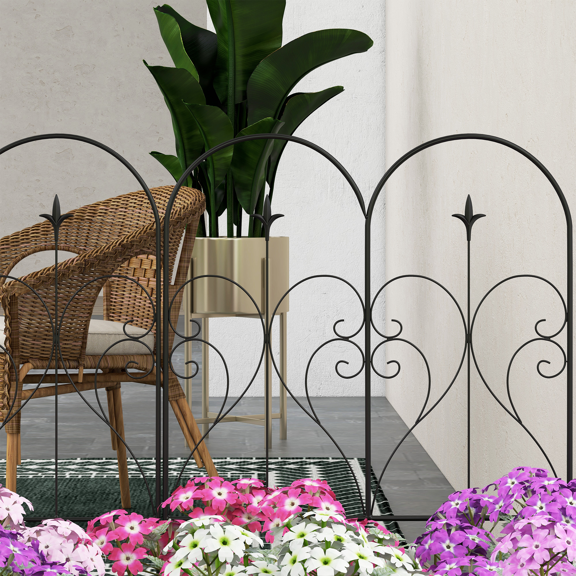 Outsunny Metal Garden Fence Panels, Decorative Outdoor Picket, Heart-shaped Scrollwork, Set of 5, Black