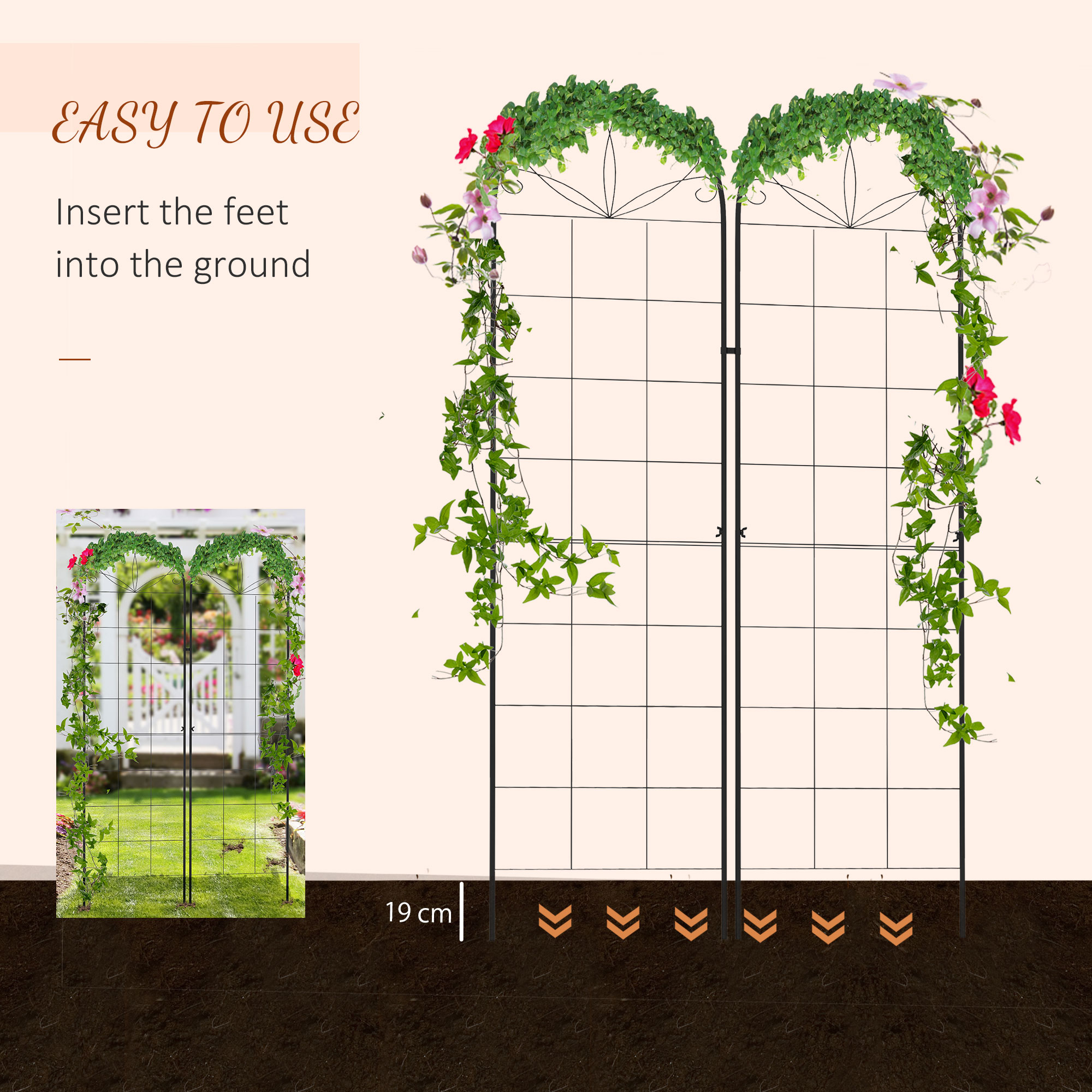 Outsunny Set of 2 Metal Garden Trellises, Climbing Plant Support Frames, Decorative Grid Design