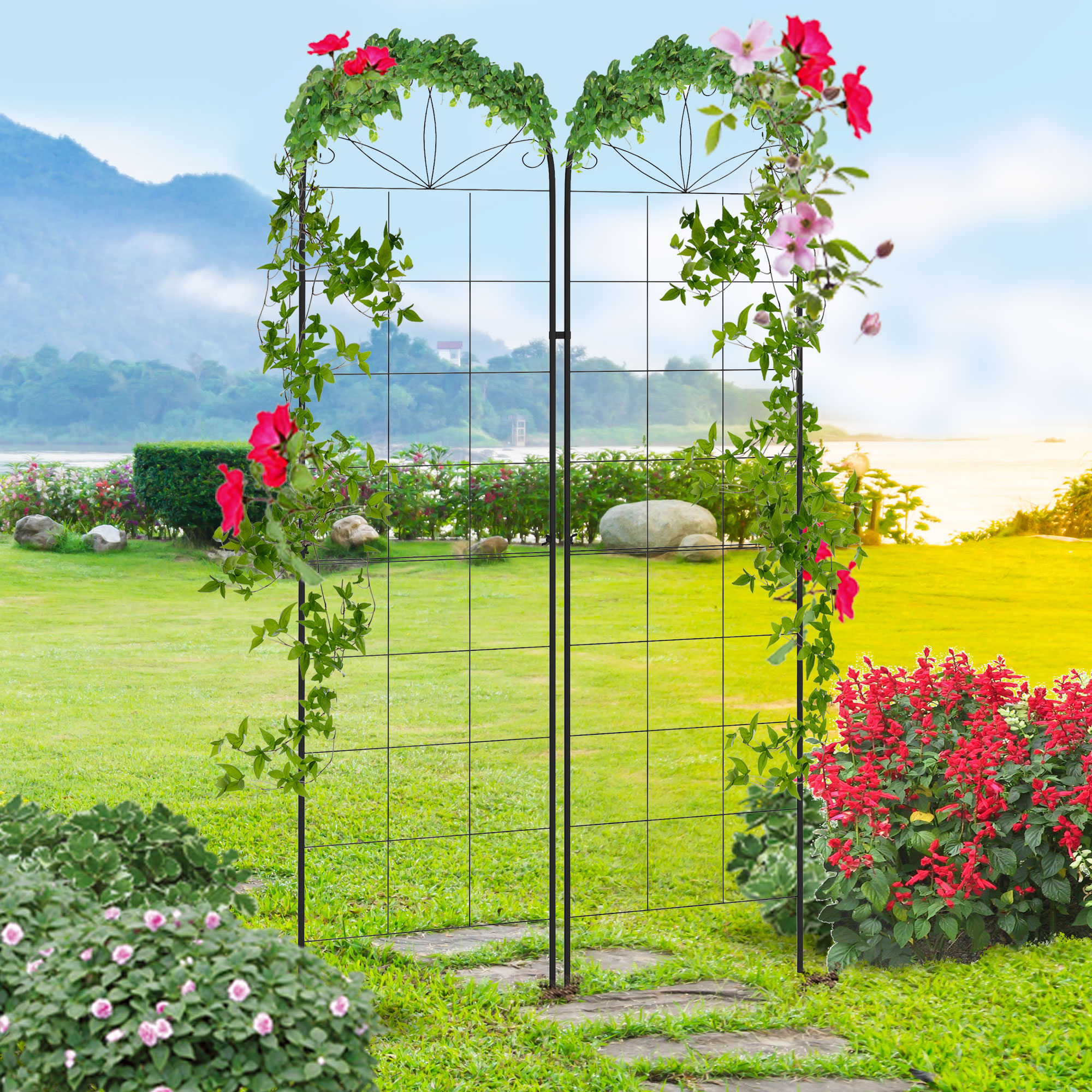 Outsunny Set of 2 Metal Garden Trellises, Climbing Plant Support Frames, Decorative Grid Design