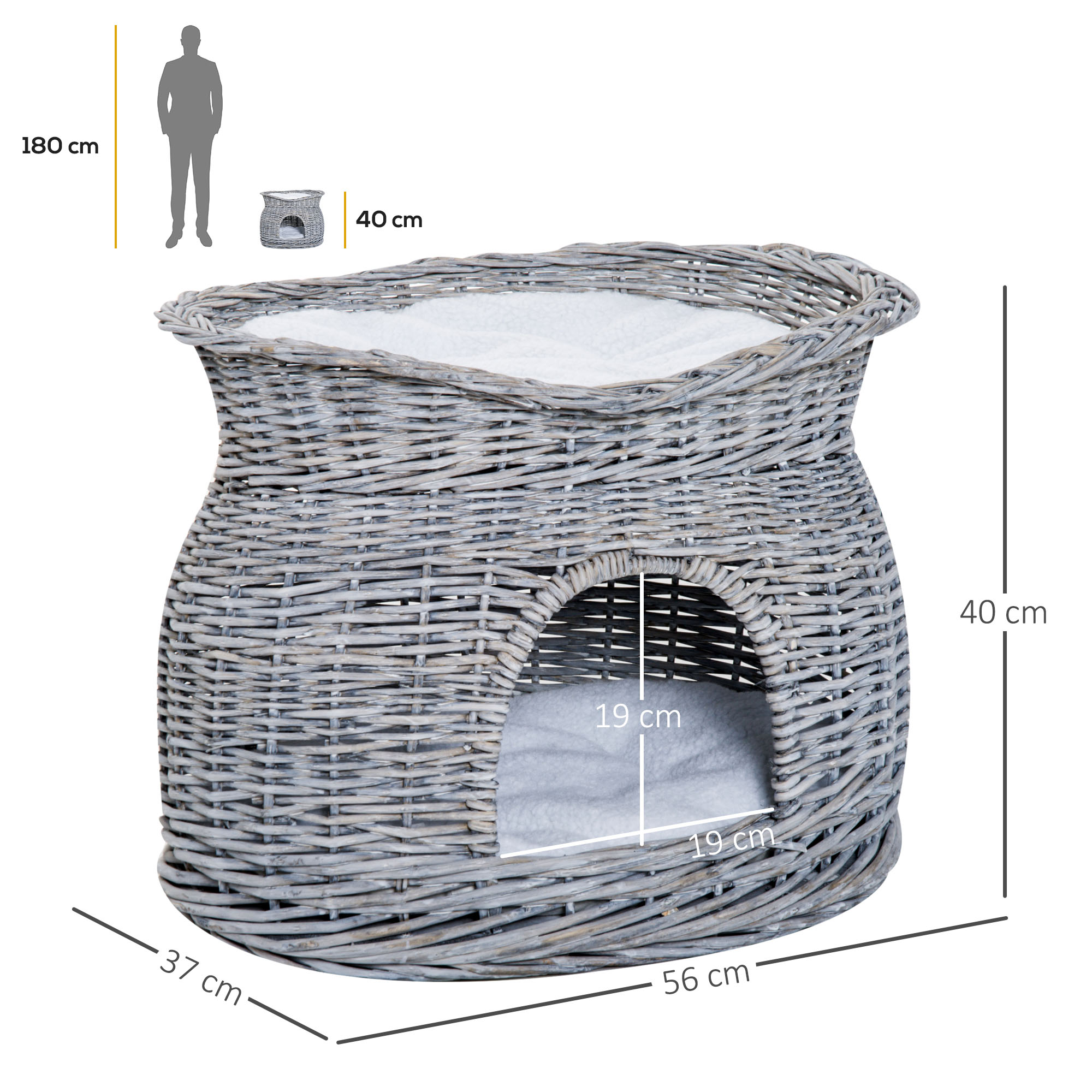 PawHut Wicker Cat House, 2-Tier Elevated Pet Bed Basket, Willow Kitten Tower with Washable Cushions, 56x37x40cm, Grey