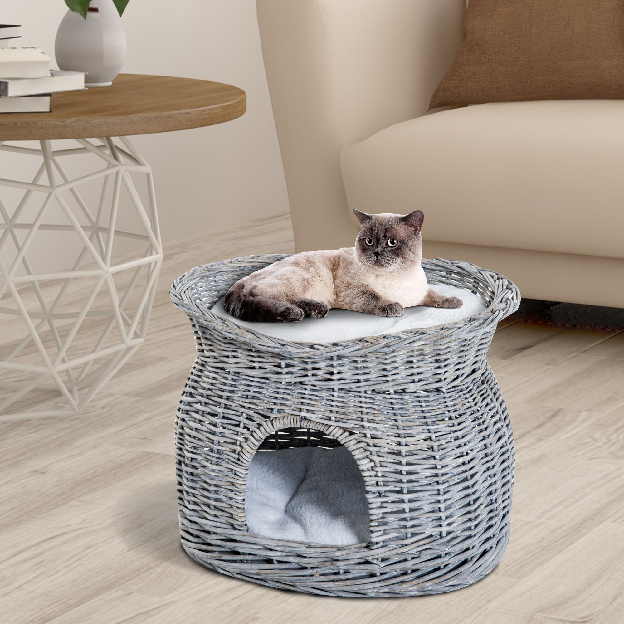 PawHut Wicker Cat House, 2-Tier Elevated Pet Bed Basket, Willow Kitten Tower with Washable Cushions, 56x37x40cm, Grey