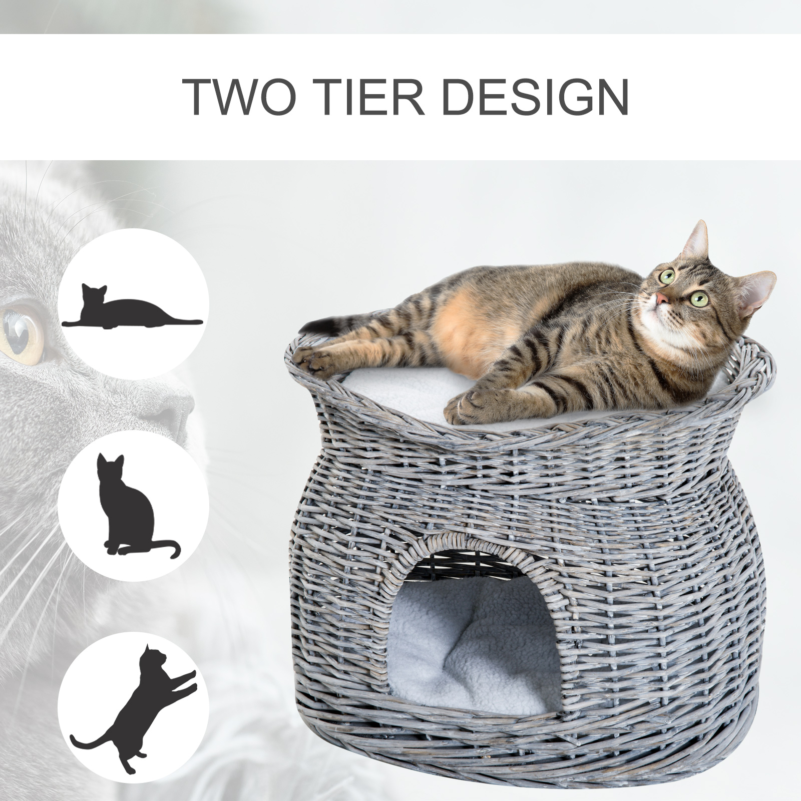 PawHut Wicker Cat House, 2-Tier Elevated Pet Bed Basket, Willow Kitten Tower with Washable Cushions, 56x37x40cm, Grey