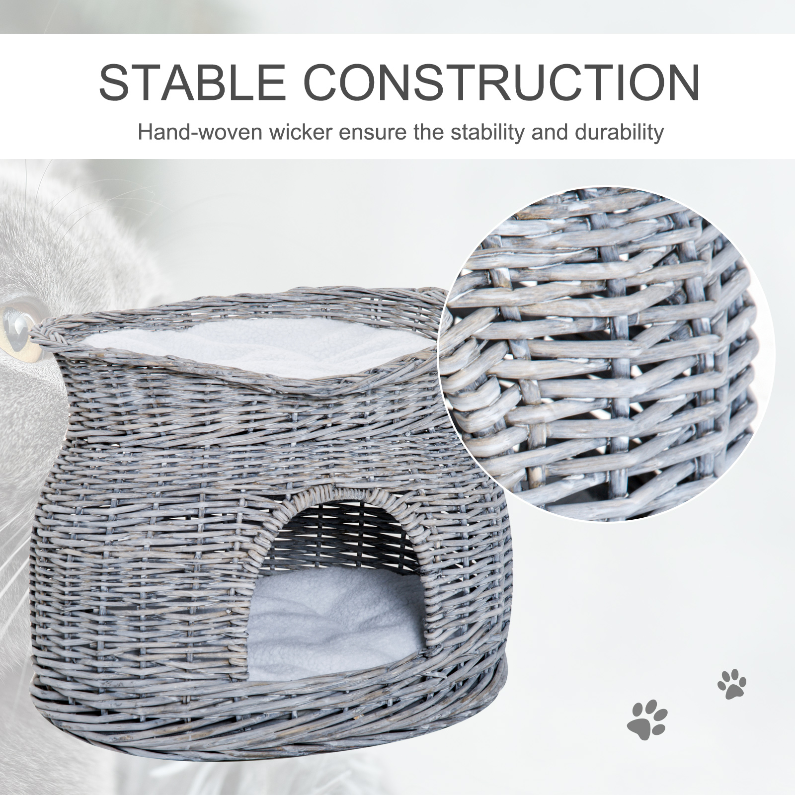 PawHut Wicker Cat House, 2-Tier Elevated Pet Bed Basket, Willow Kitten Tower with Washable Cushions, 56x37x40cm, Grey